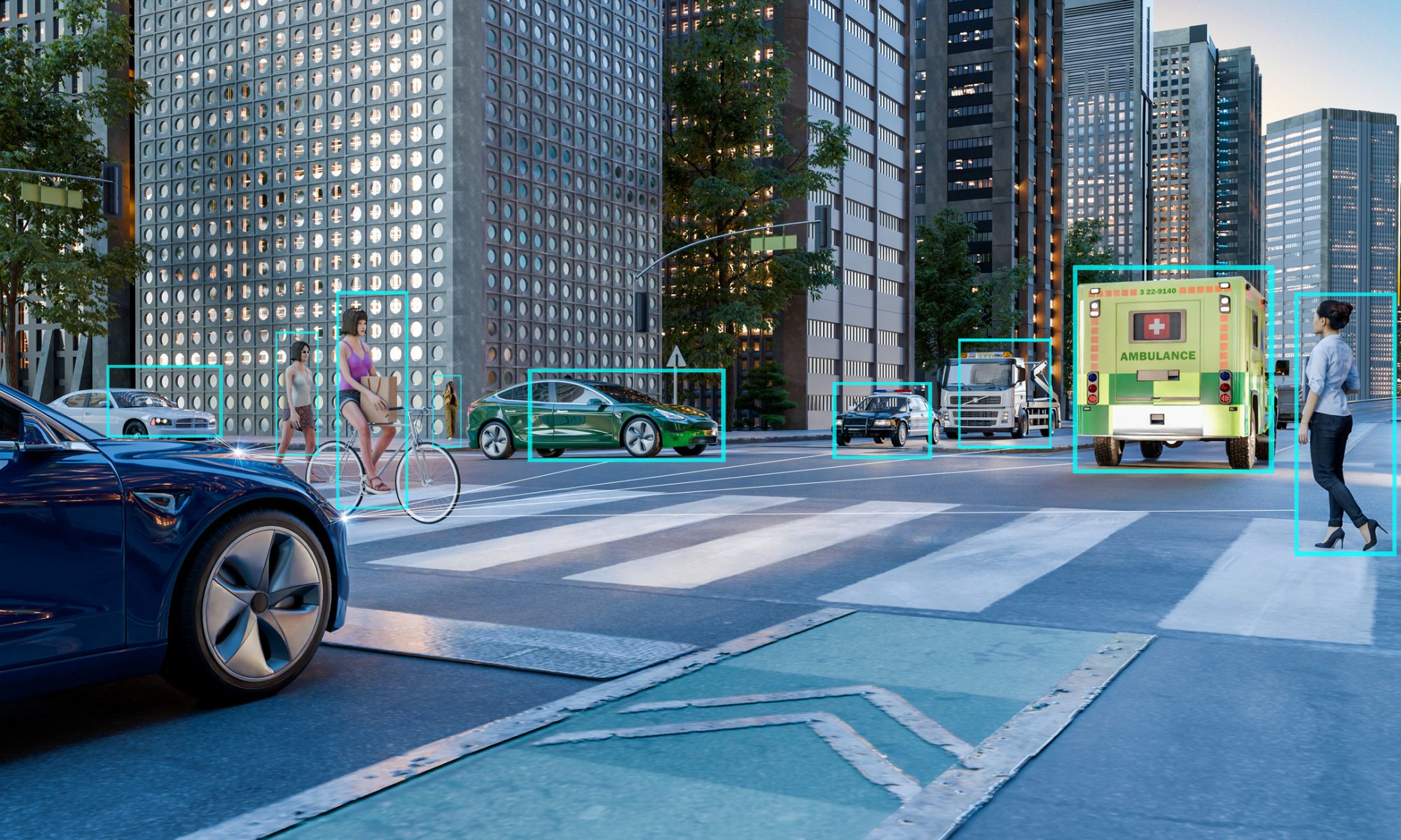 A modern city intersection with vehicles, pedestrians, and cyclists highlighted by digital sensor overlays representing lidar-based perception for autonomous driving.