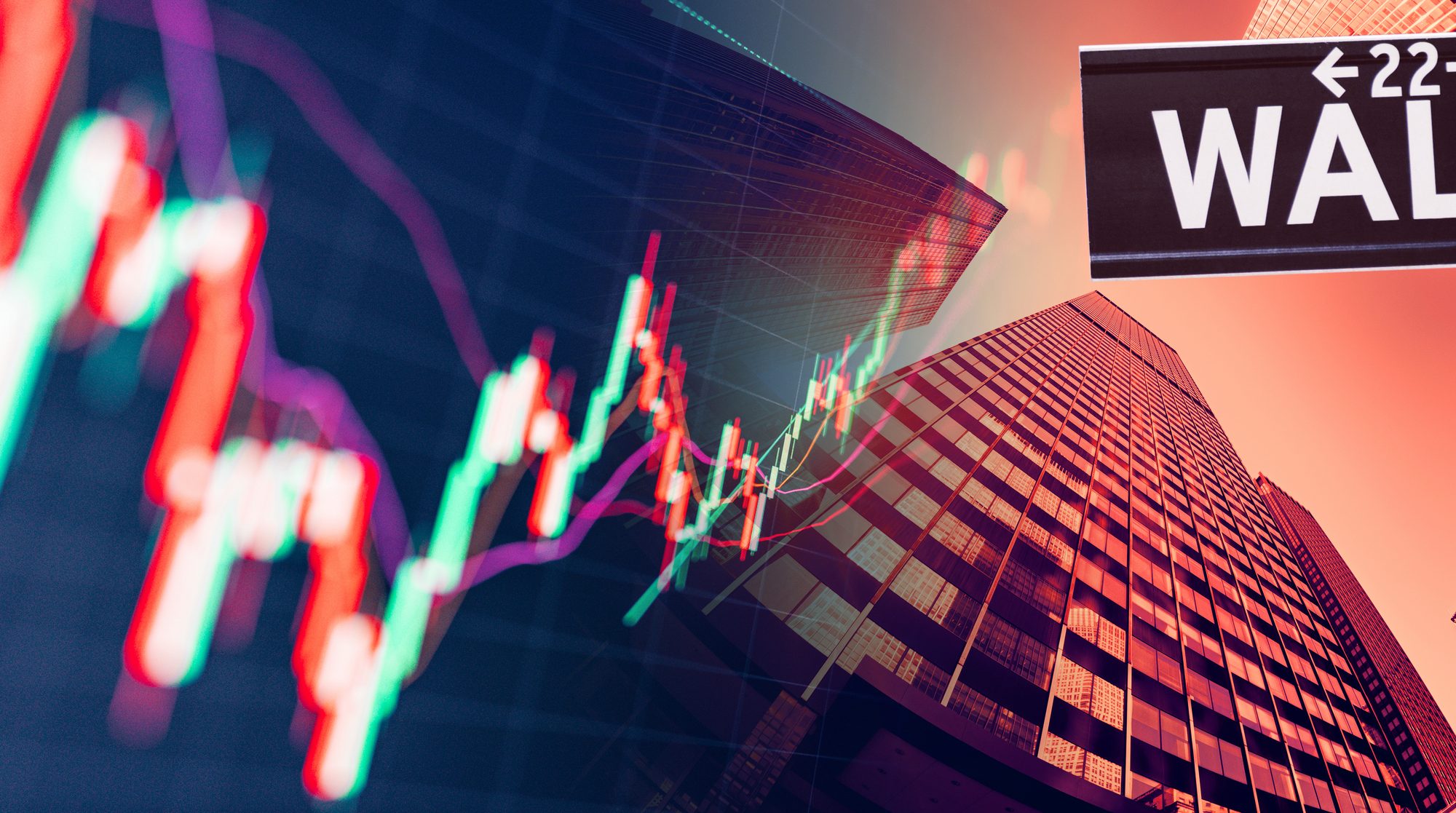 Wall Street skyline with a rising stock chart overlay, representing strong gains in Beauty & Wellness and MedTech stocks during midday trading.