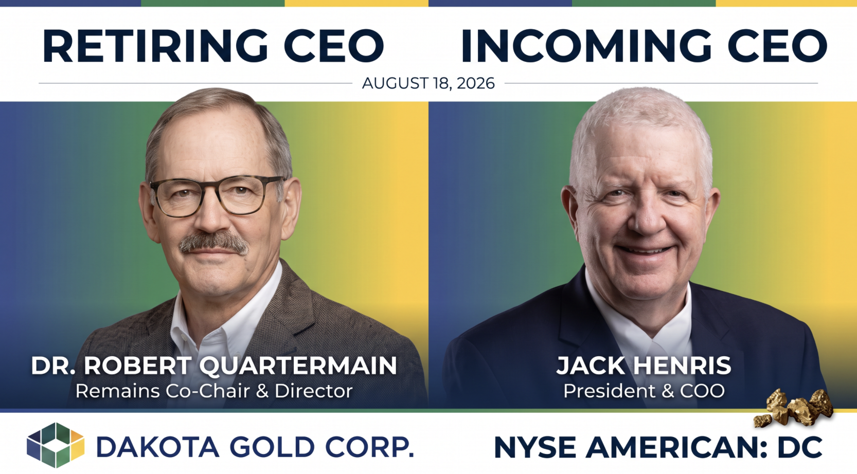 Dakota Gold names Homestake veteran Jack Henris CEO as Richmond Hill advances to pre-feasibility with $107M cash and a large-scale mine permit filing due in 2026.