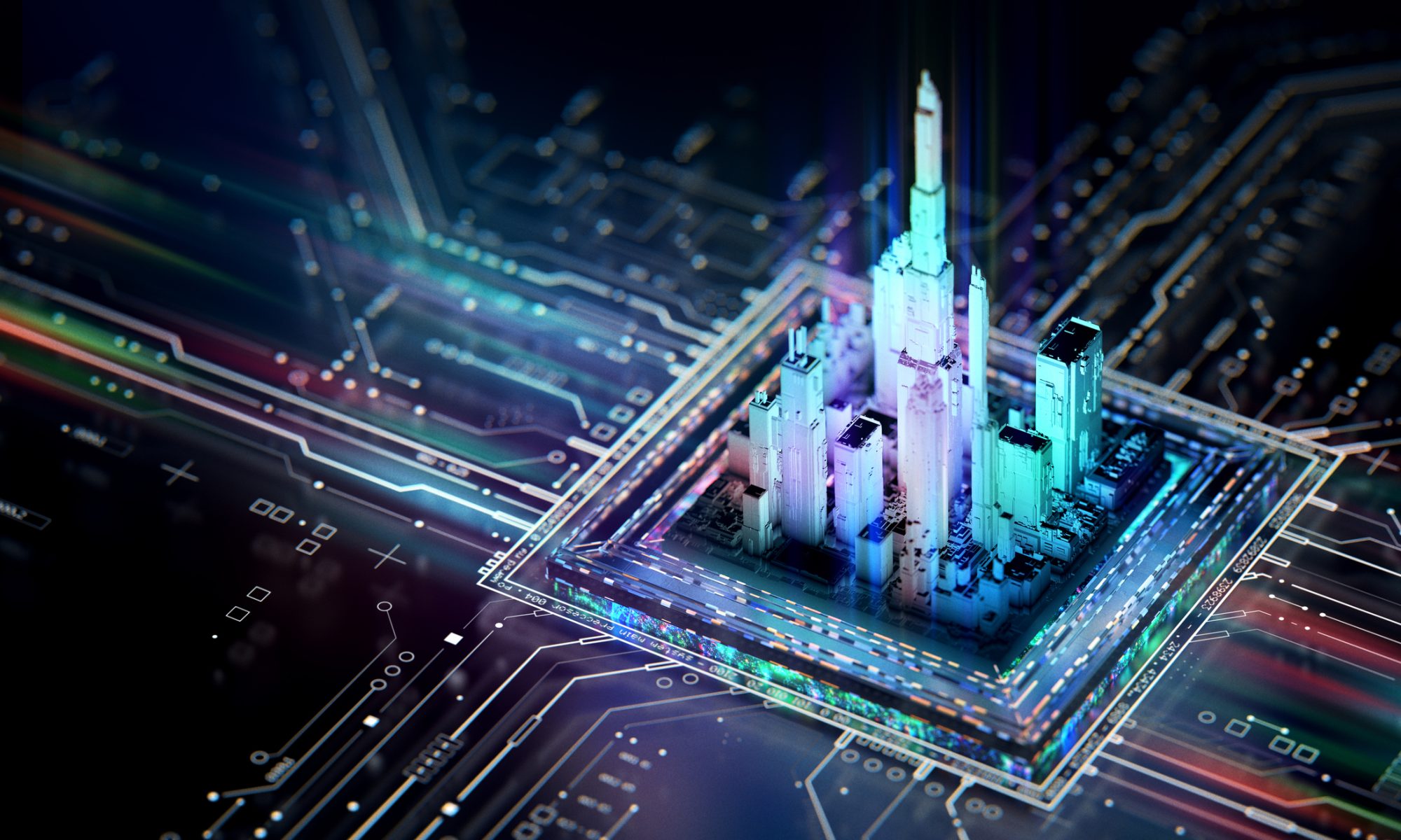 Digital city rising from a computer chip and circuit board, representing CleanSpark’s transition from Bitcoin mining toward AI and high-performance computing data center infrastructure.
