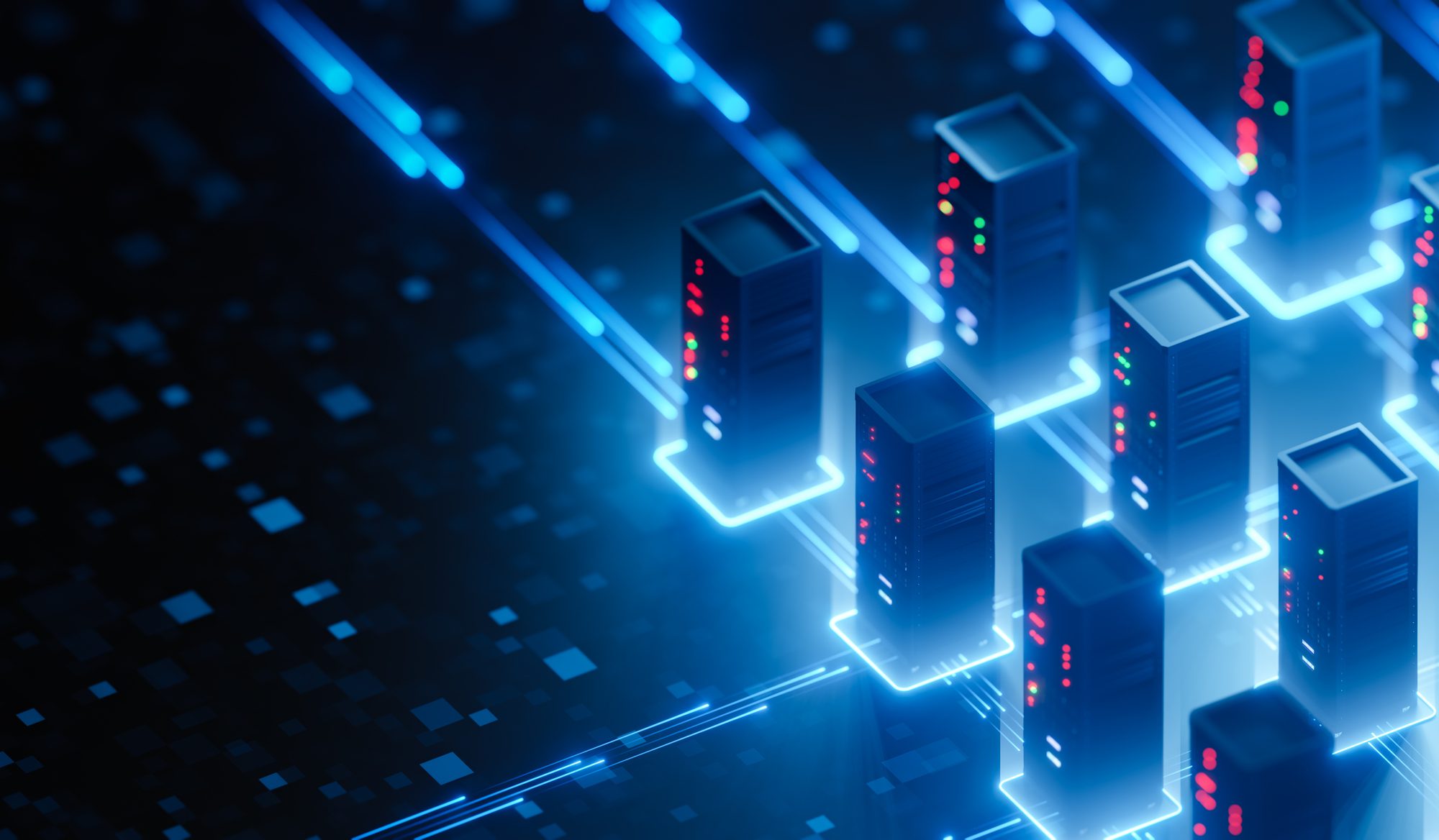 Network of interconnected data center servers representing Bloom Energy’s expanded partnership with MiTAC to provide onsite fuel-cell power for AI server manufacturing in California.