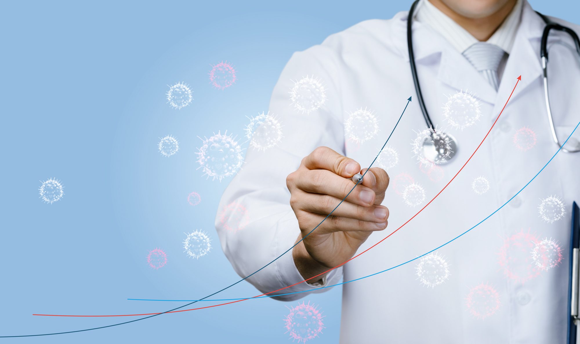 Doctor with rising growth charts and cancer-cell imagery representing Verastem Oncology’s Q2 2026 sales growth for AVMAPKI FAKZYNJA CO-PACK and continued oncology pipeline development.