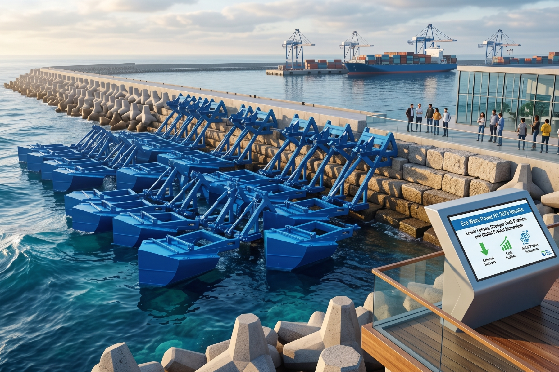 Eco Wave Power wave-energy technology installed along a coastal breakwater, illustrating the company’s expanding renewable-energy projects and international growth strategy following its H1 2026 results.