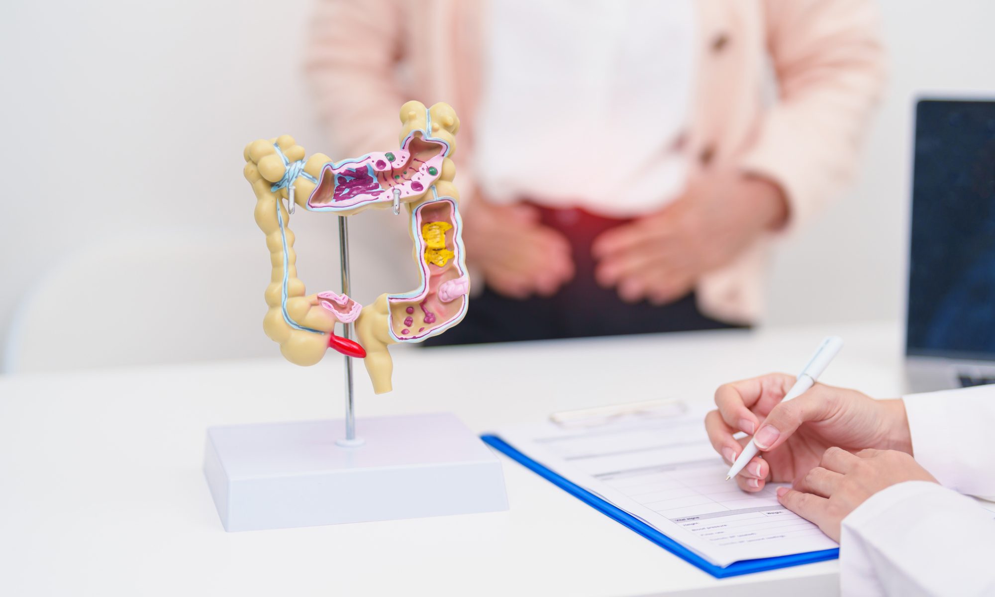 Medical consultation featuring a model of the human colon, representing Shattuck Labs’ development of SL-325 for Crohn’s disease and other inflammatory conditions.