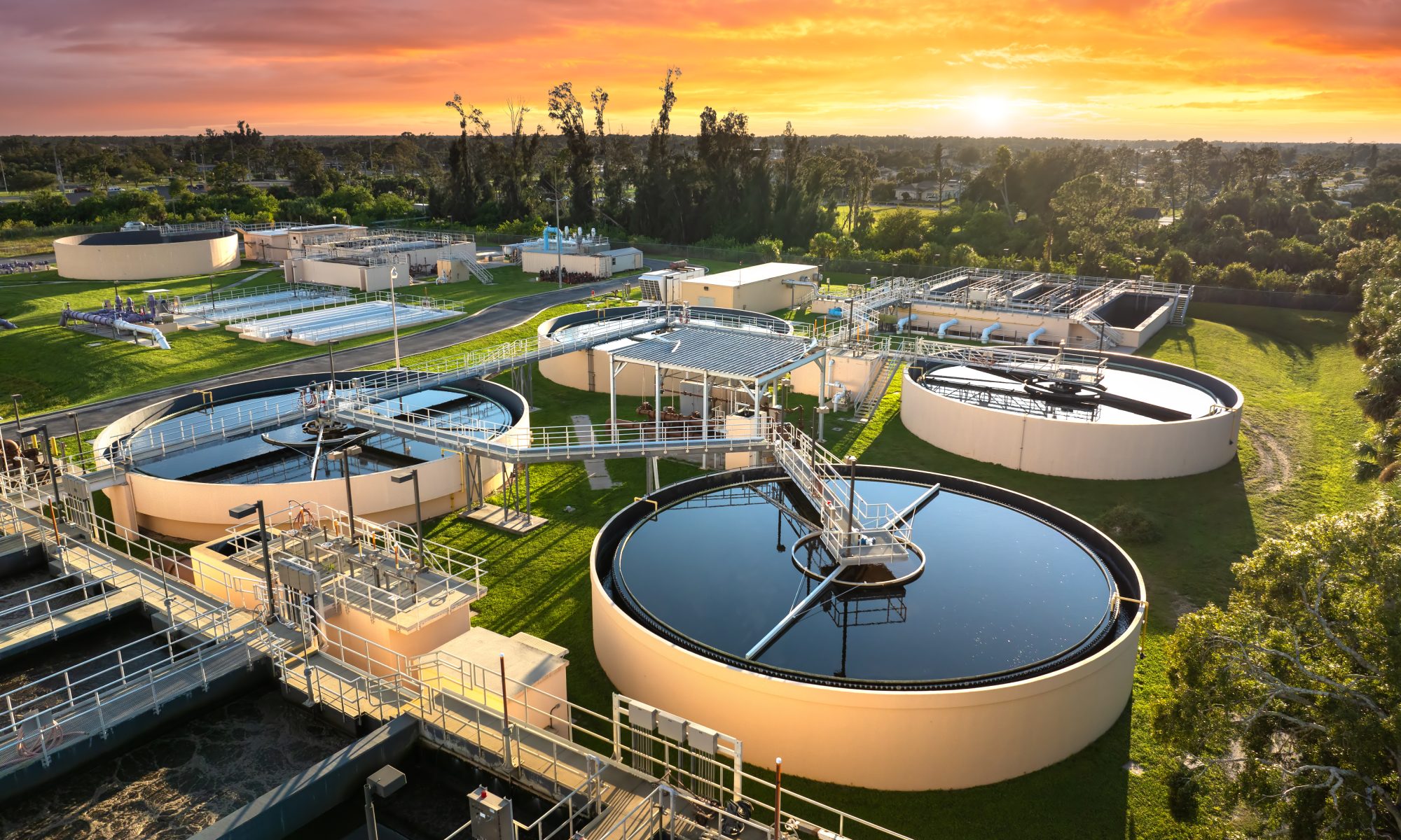 Aerial view of a water treatment facility, representing 374Water’s AirSCWO technology and its potential use for PFAS destruction at U.S. military installations.