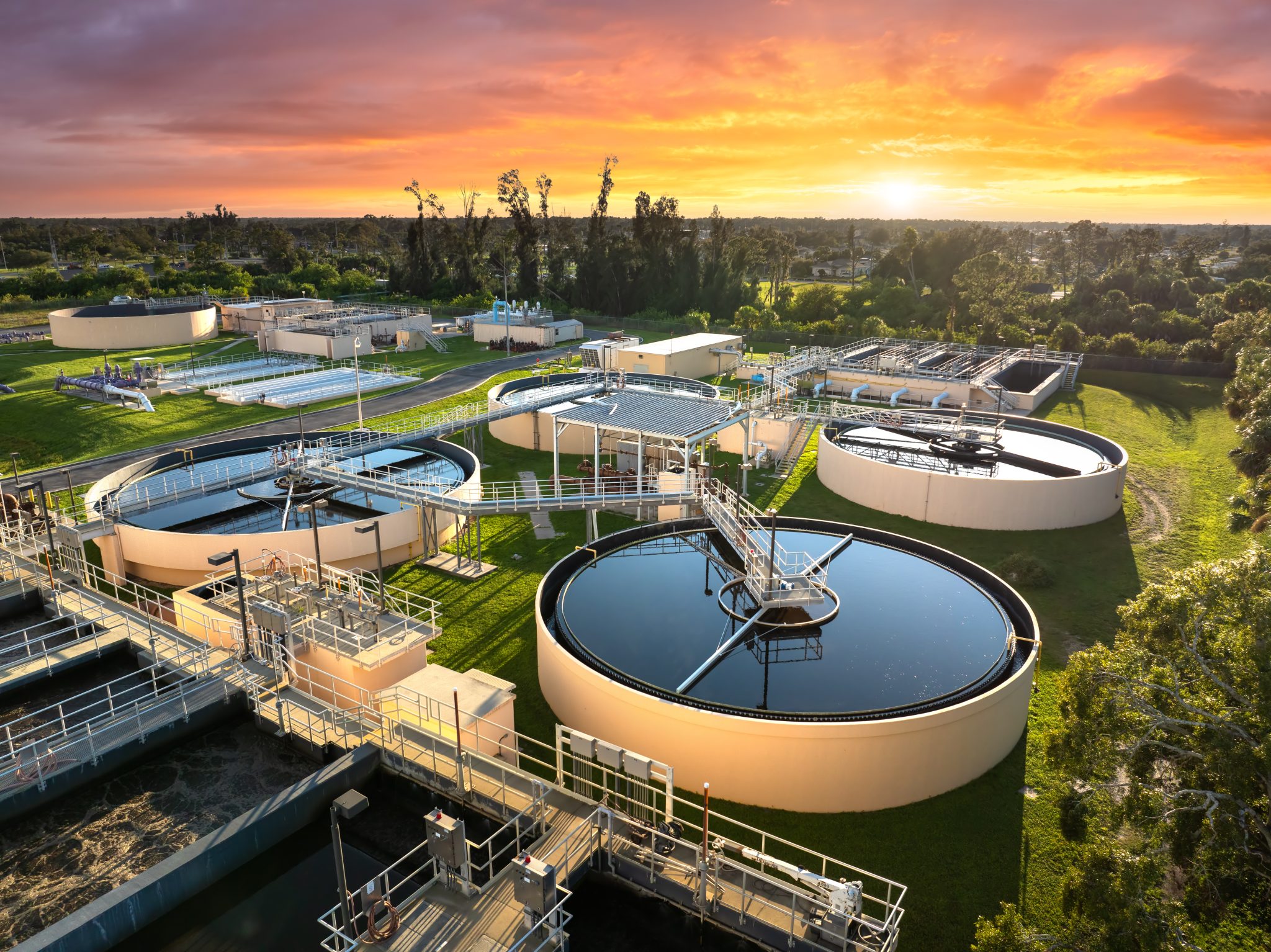 Aerial view of a water treatment facility, representing 374Water’s AirSCWO technology and its potential use for PFAS destruction at U.S. military installations.