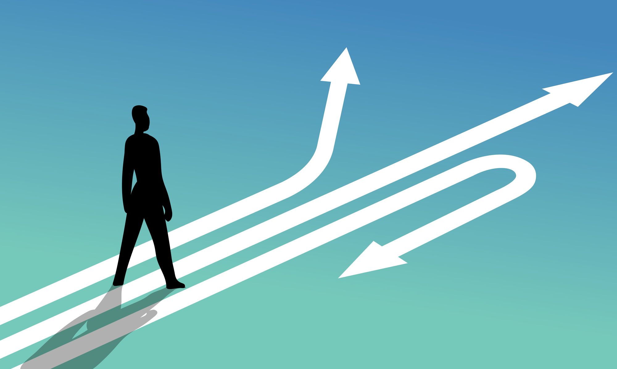 Silhouette of a person standing at a crossroads with multiple directional arrows, representing Capricor Therapeutics’ revised regulatory path for deramiocel following an FDA advisory committee setback.