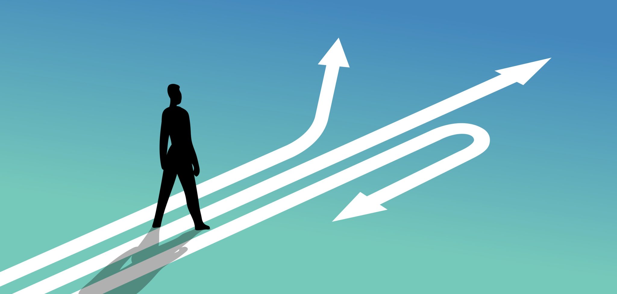 Silhouette of a person standing at a crossroads with multiple directional arrows, representing Capricor Therapeutics’ revised regulatory path for deramiocel following an FDA advisory committee setback.