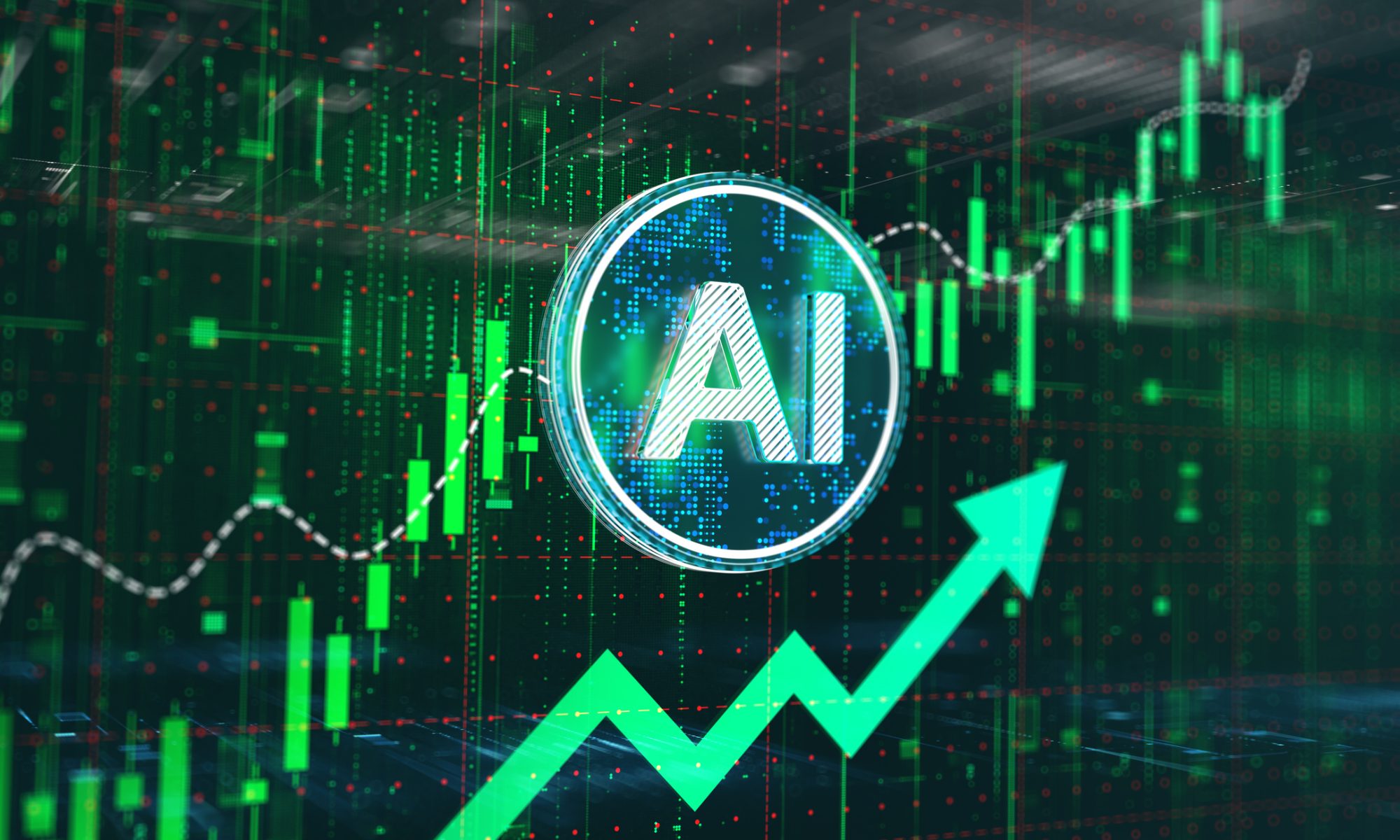 AI symbol overlaid on rising financial charts, representing HIVE Digital Technologies’ expanding GPU cloud and high-performance computing business alongside its bitcoin-mining operations.