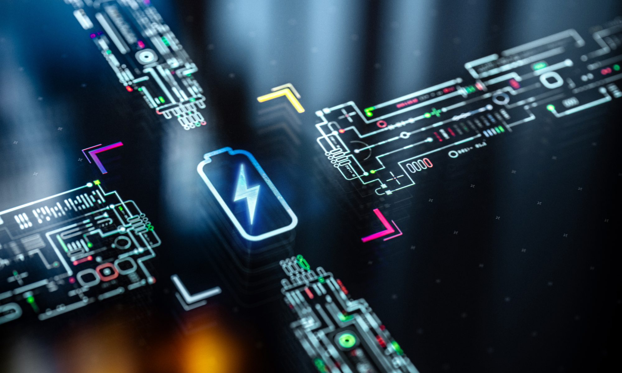 Digital battery icon surrounded by electronic circuitry and data graphics, representing AI-powered battery research, testing, and energy-storage technology.