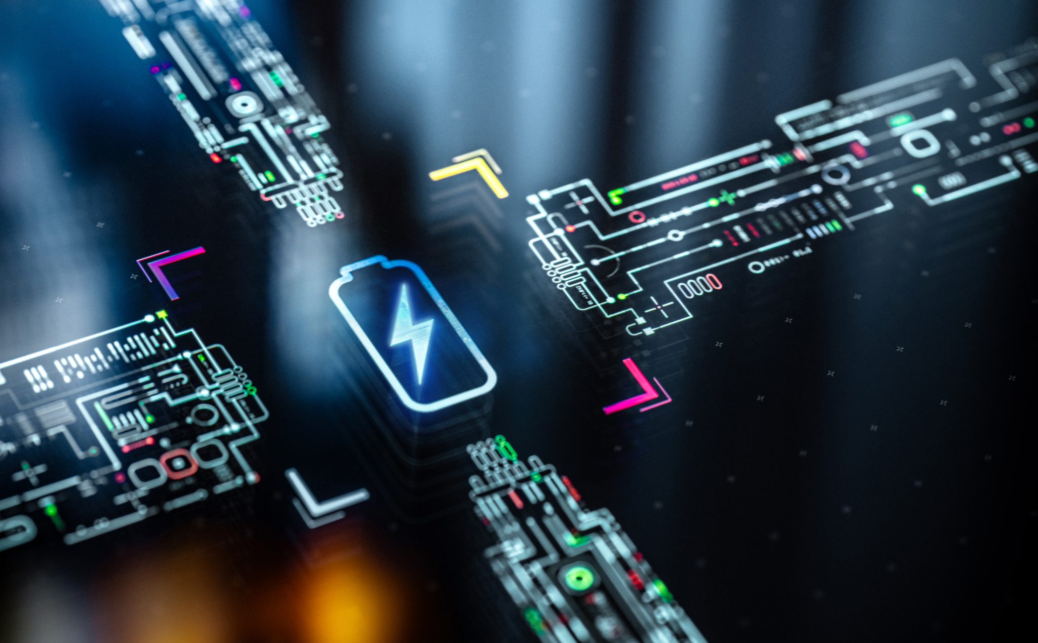 Digital battery icon surrounded by electronic circuitry and data graphics, representing AI-powered battery research, testing, and energy-storage technology.