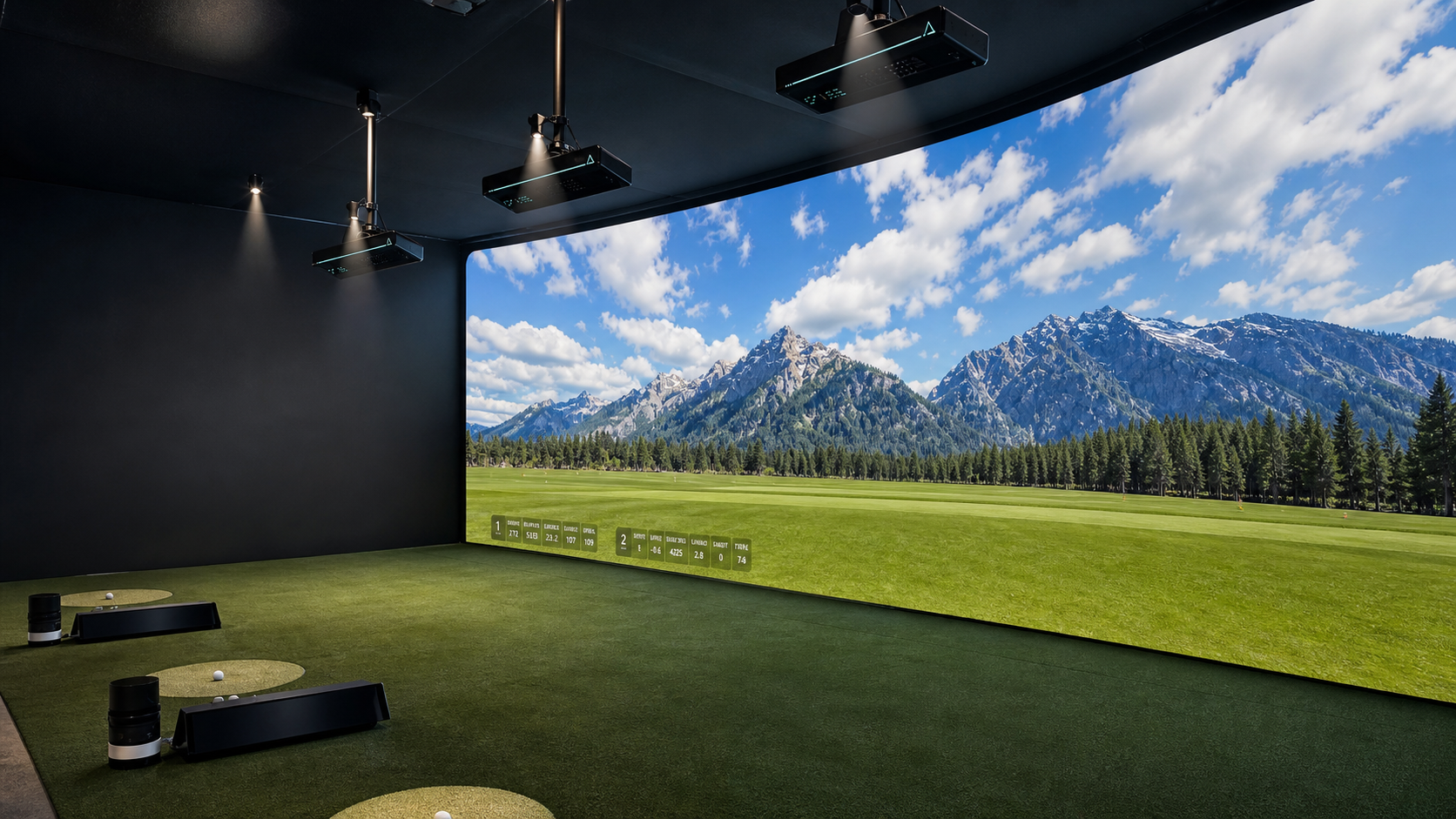 Modern indoor golf simulator with a large virtual course display, representing TruGolf’s simulator hardware, software subscriptions, and expanding indoor golf business.
