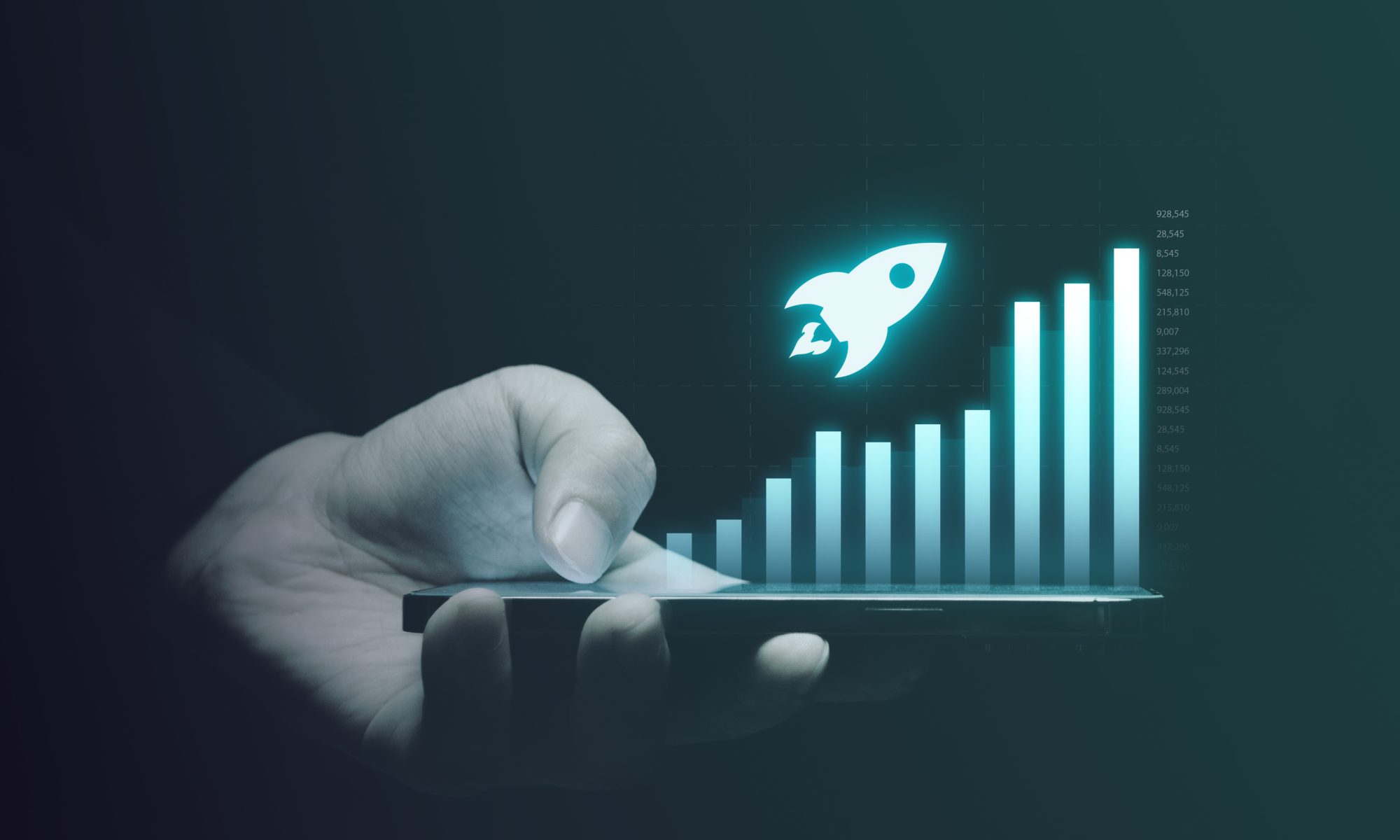 Digital growth chart and rocket graphic rising from a mobile device, representing Xos’ expansion into mobile charging and energy storage following a U.S. Air Force contract.