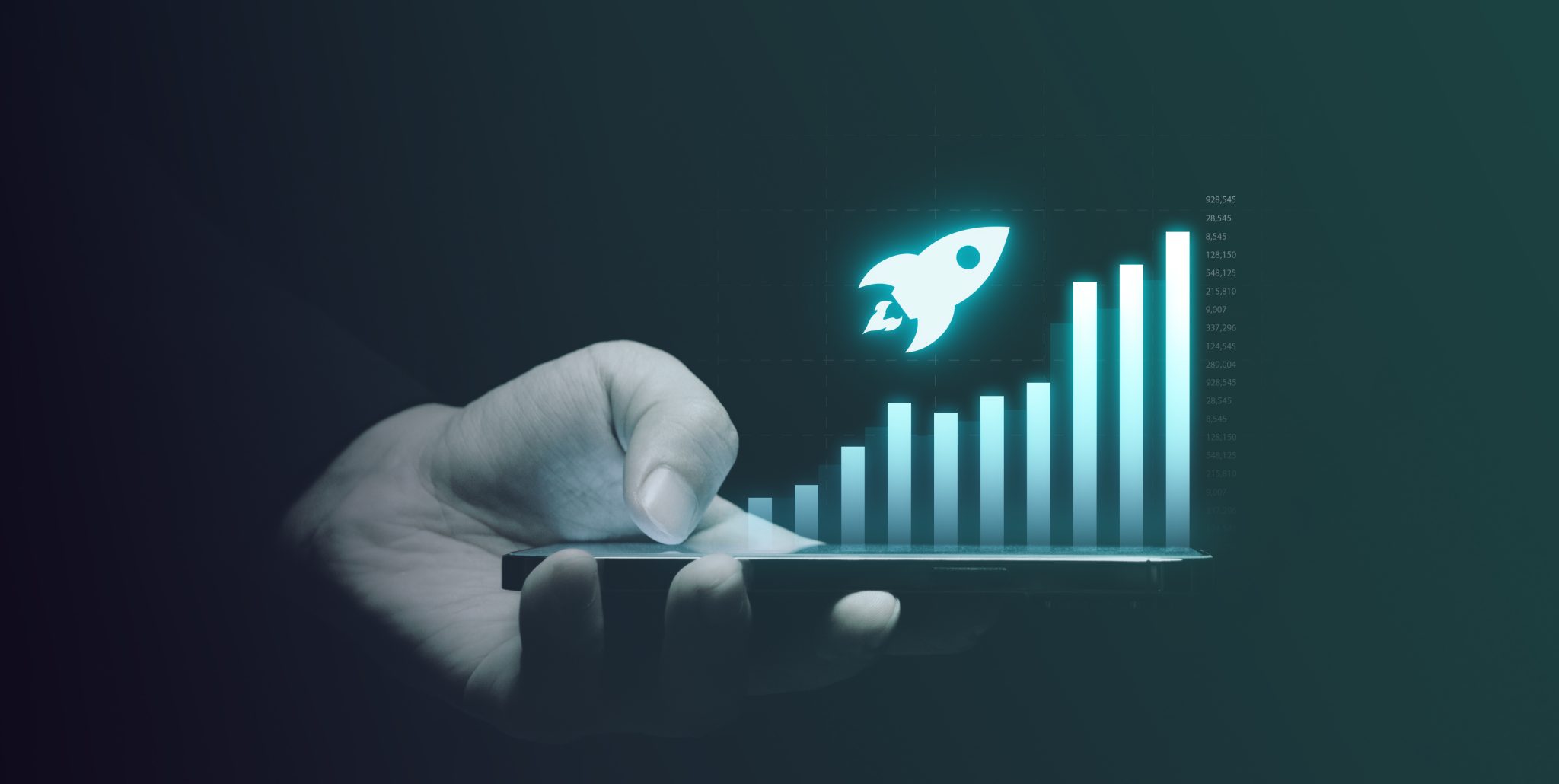 Digital growth chart and rocket graphic rising from a mobile device, representing Xos’ expansion into mobile charging and energy storage following a U.S. Air Force contract.