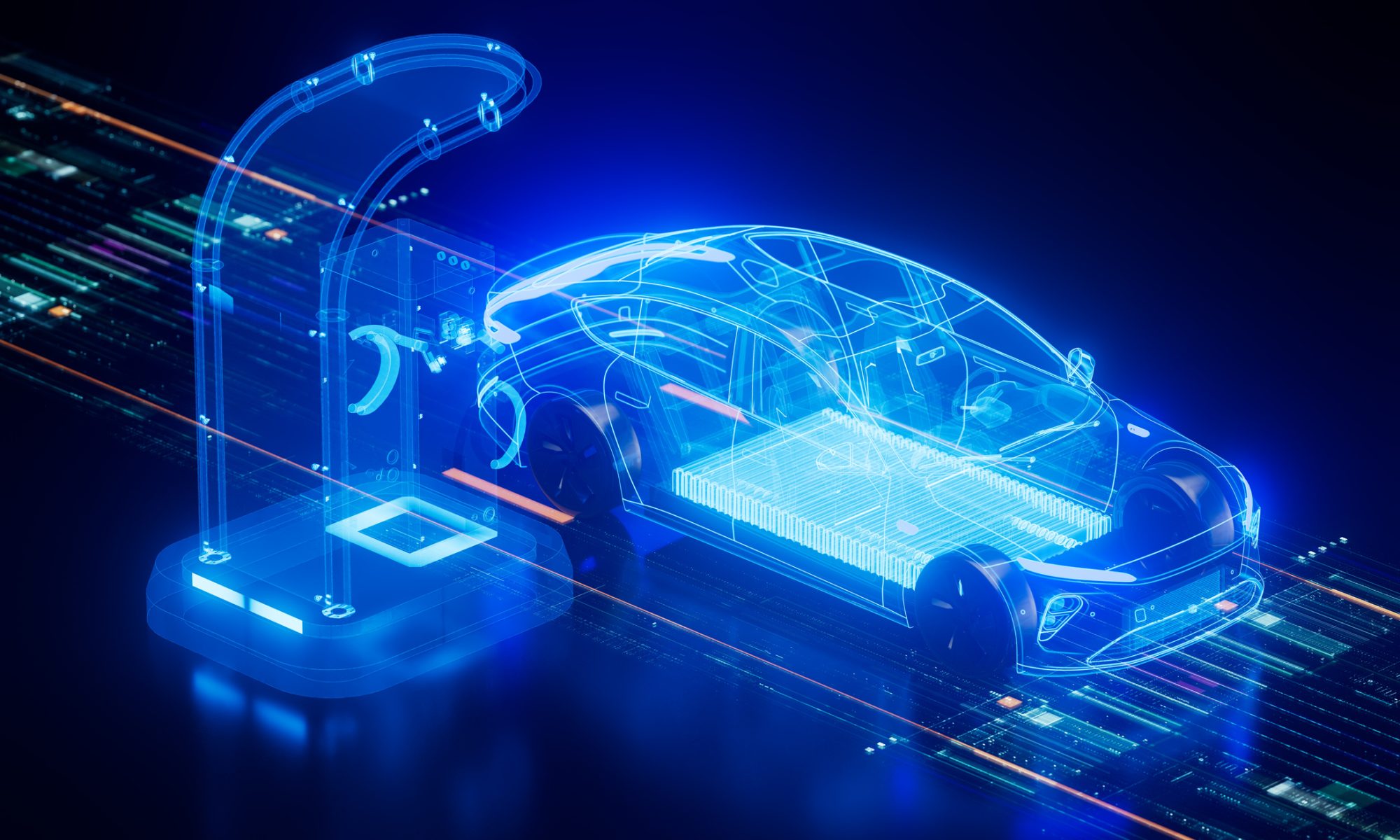 Digital EV charging station and electric vehicle visualization representing Blink Charging’s AI-powered EnergyConnect platform for managing charging-site power and energy use.
