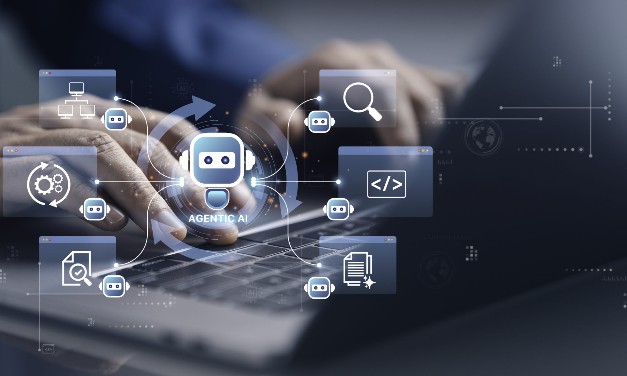 Agentic AI workflow interface over a laptop, representing UiPath Maestro Flow’s orchestration of AI agents, automation tools, APIs, documents, and enterprise processes.