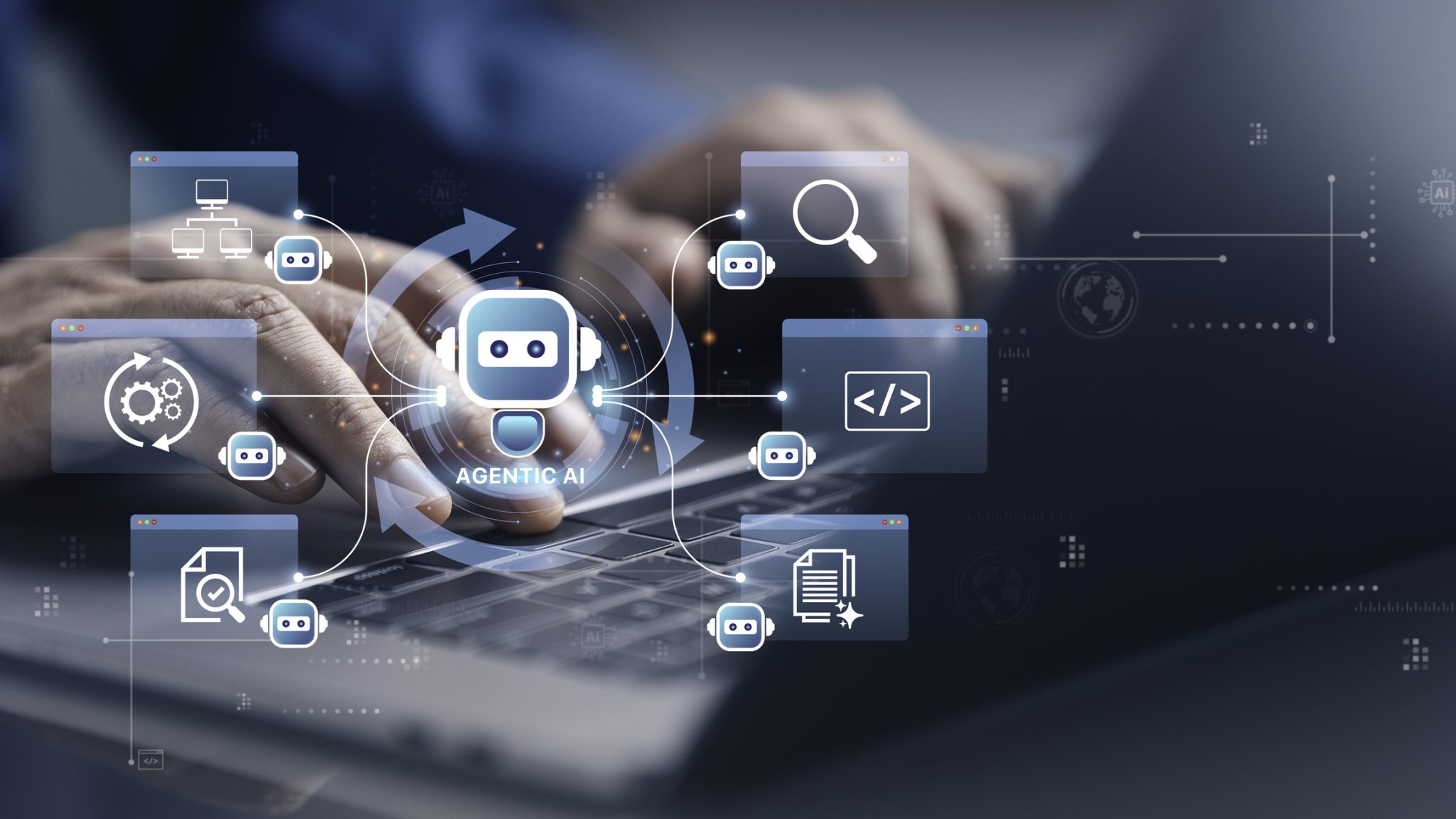 Agentic AI workflow interface over a laptop, representing UiPath Maestro Flow’s orchestration of AI agents, automation tools, APIs, documents, and enterprise processes.
