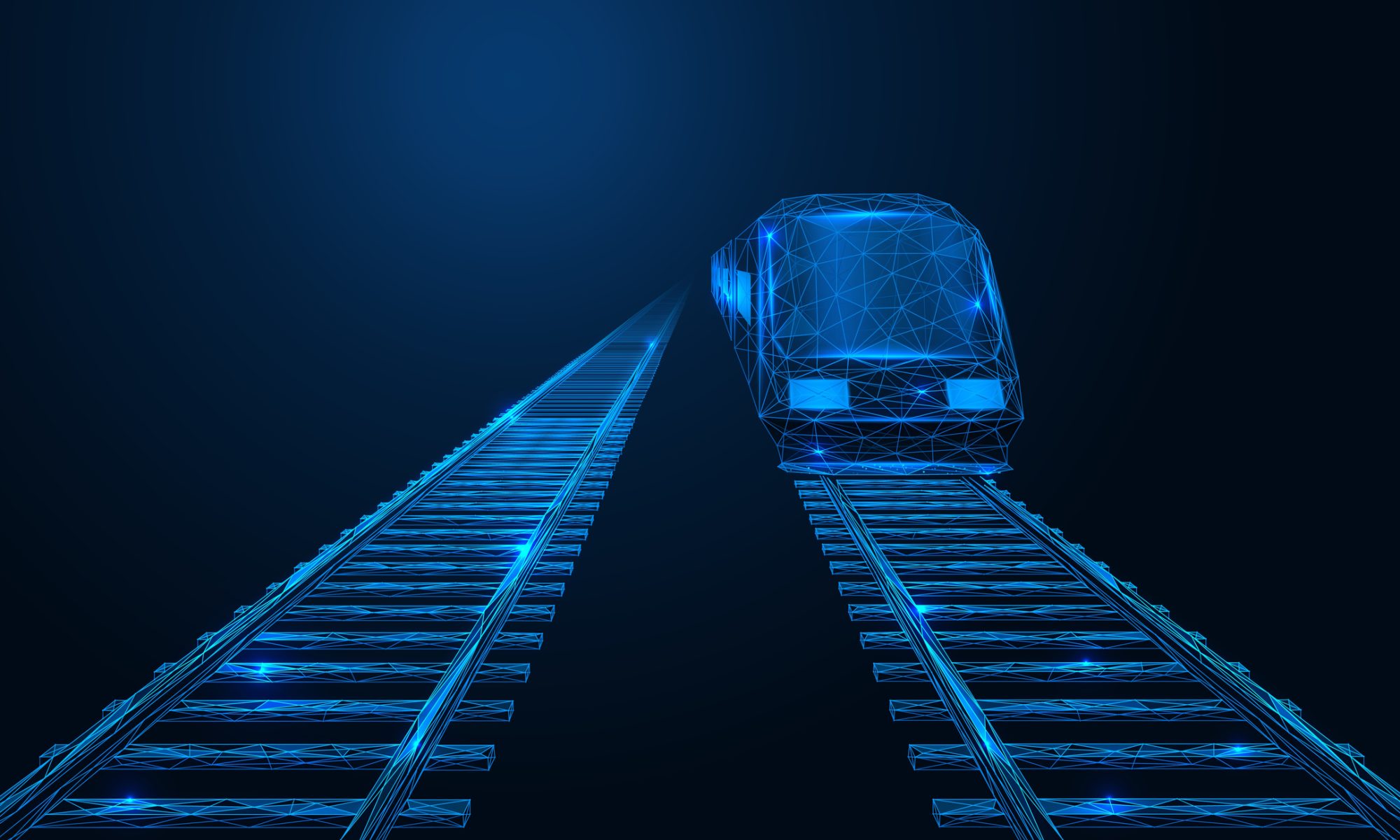 Digital illustration of an AI-enabled train traveling along railway tracks, representing Rail Vision’s artificial intelligence and computer-vision technology for rail safety and automation.