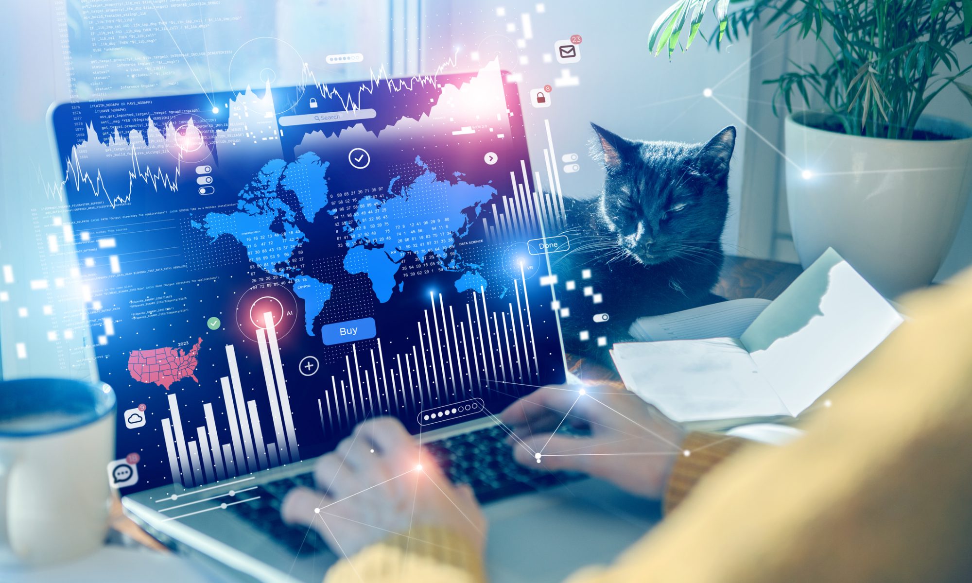 Investor using a laptop with digital market charts and global financial data overlays, representing active stock trading and PRISM MarketView’s mid-day market movers.