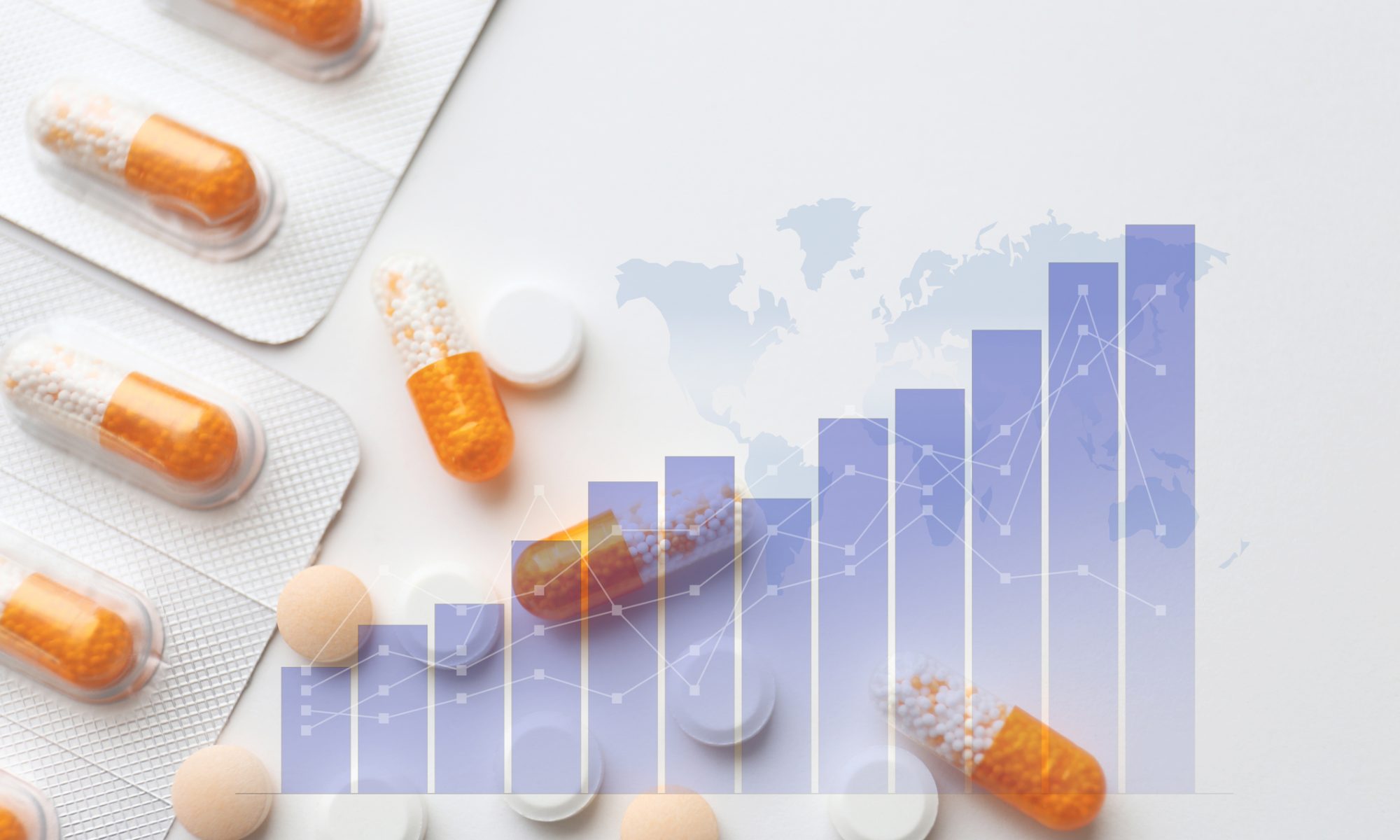 Pharmaceutical capsules and tablets overlaid with a rising market chart, illustrating growth in drug sales and pharmaceutical company performance.
