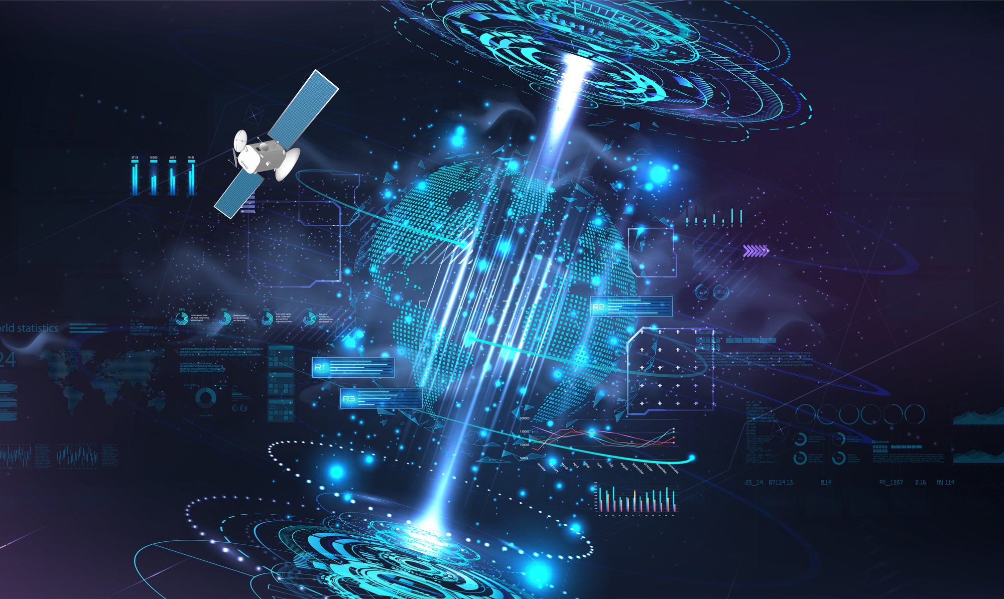 Digital satellite and global data network visualization representing advanced memory technology for aerospace, defense, and high-reliability electronics.