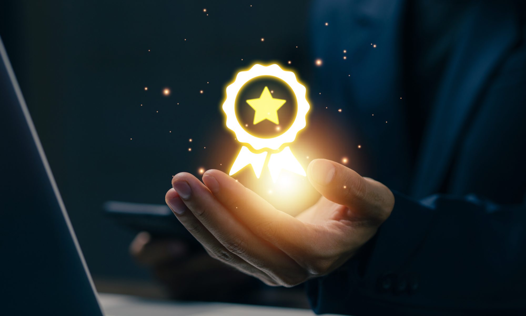 Business professional holding a glowing award symbol, representing industry recognition and innovation in biotechnology and healthcare.