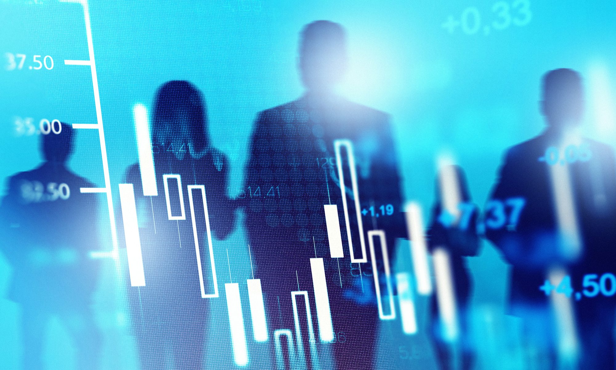 Stock market chart overlays silhouettes of investors, illustrating heavy trading activity in pharmaceutical and biotech stocks.