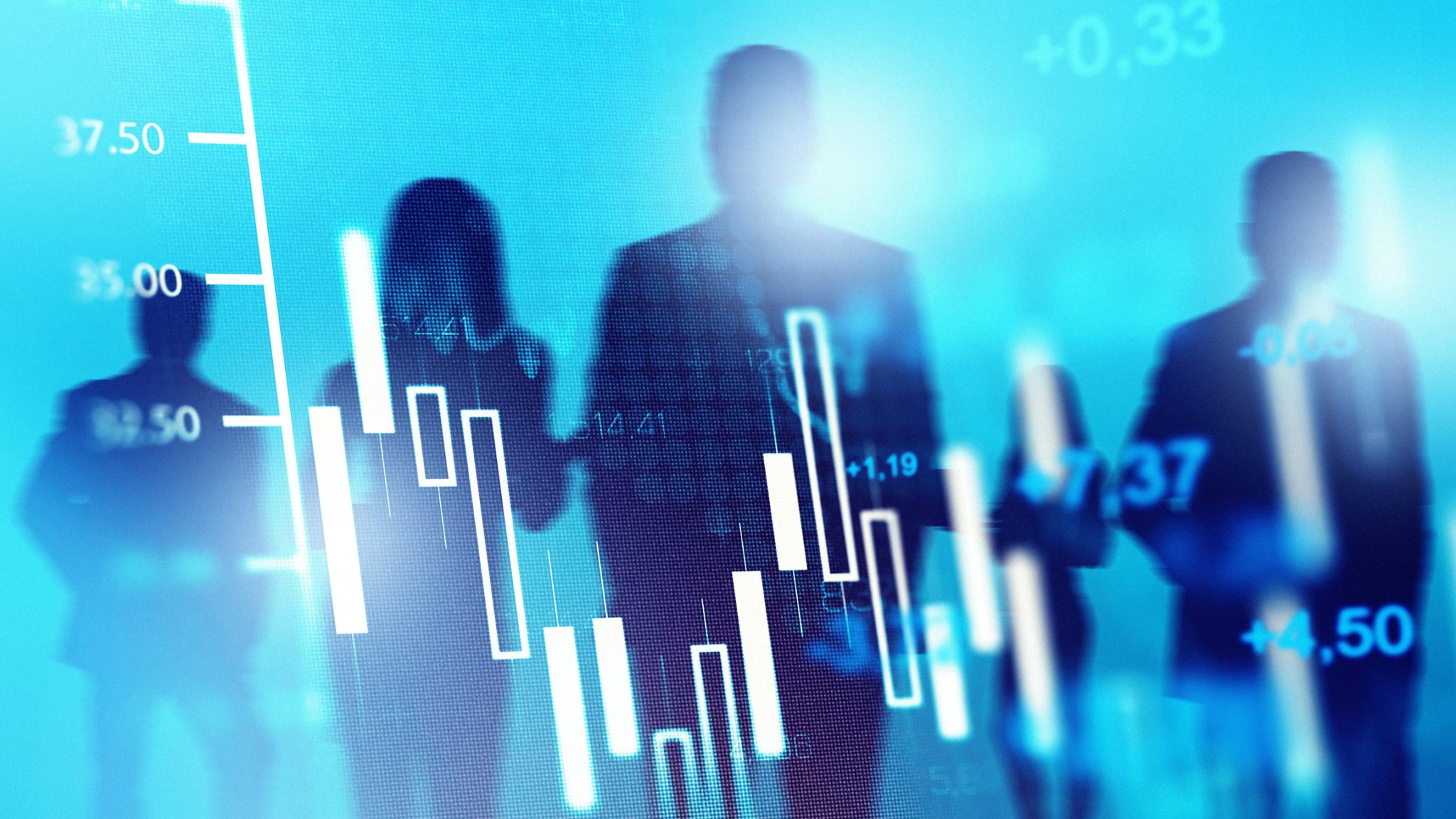 Stock market chart overlays silhouettes of investors, illustrating heavy trading activity in pharmaceutical and biotech stocks.