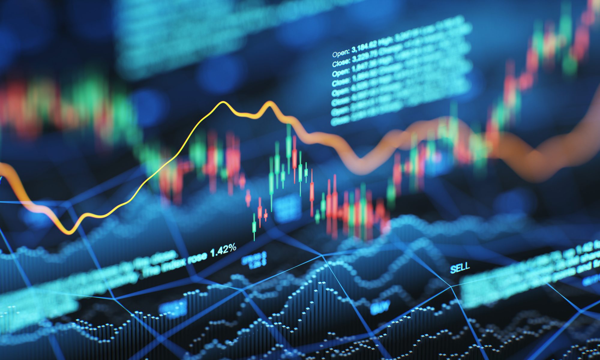 Digital stock market charts and candlestick graphs represent active trading as new energy and oil-and-gas stocks lead PRISM’s mid-day movers.