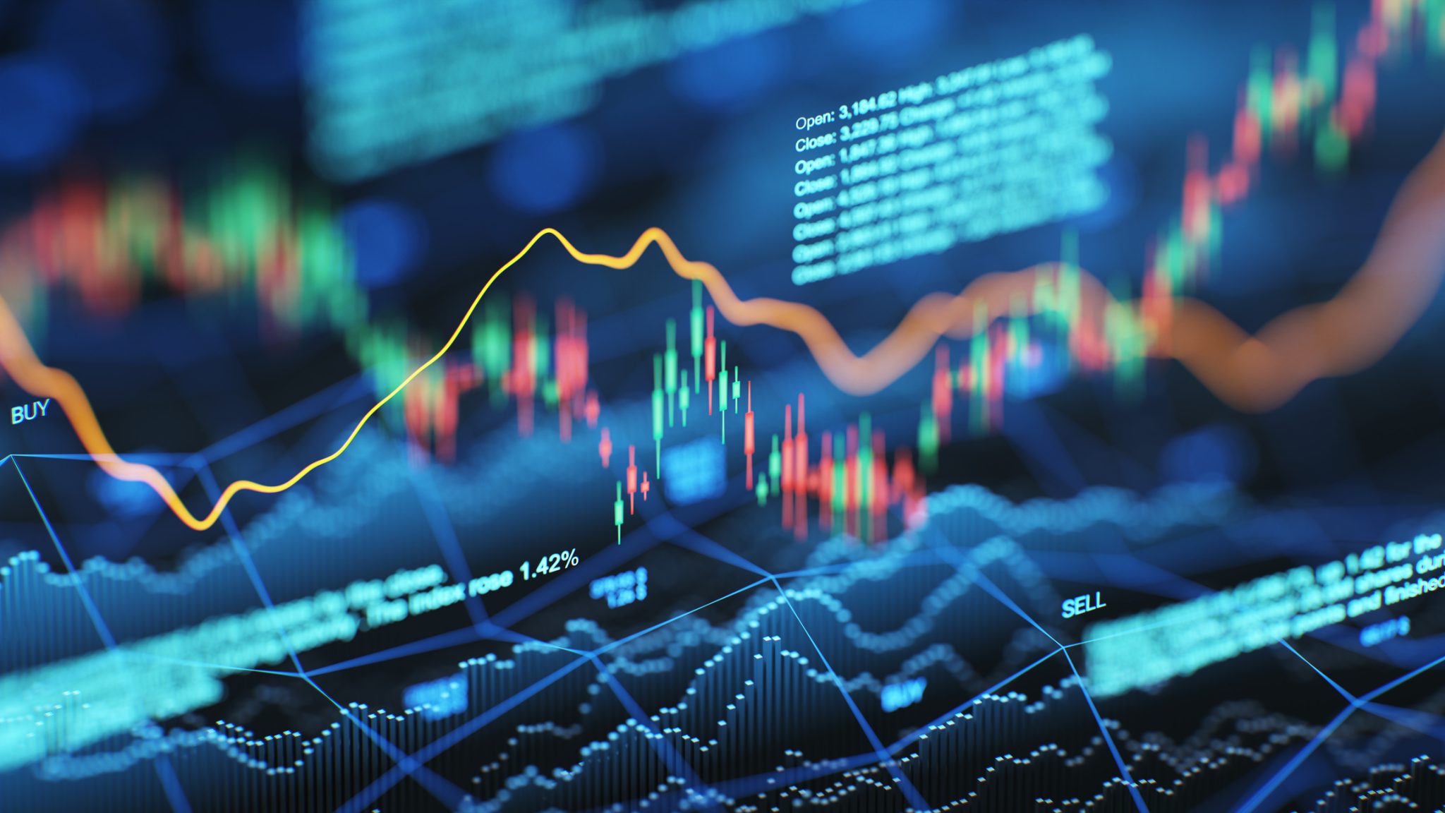 Digital stock market charts and candlestick graphs represent active trading as new energy and oil-and-gas stocks lead PRISM’s mid-day movers.