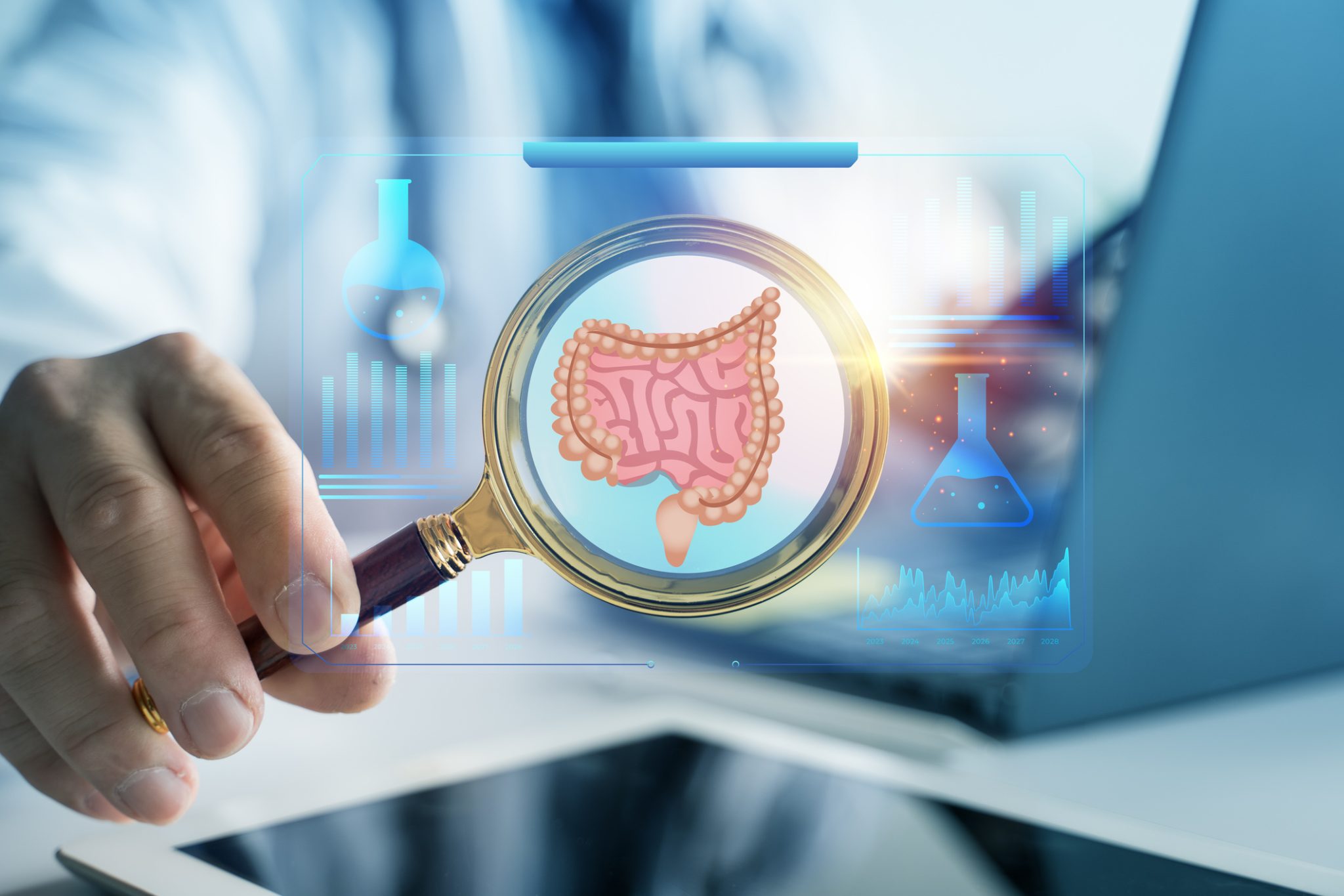 Medical researcher examines an illustration of the digestive tract, representing colorectal cancer research and development of new combination therapies.