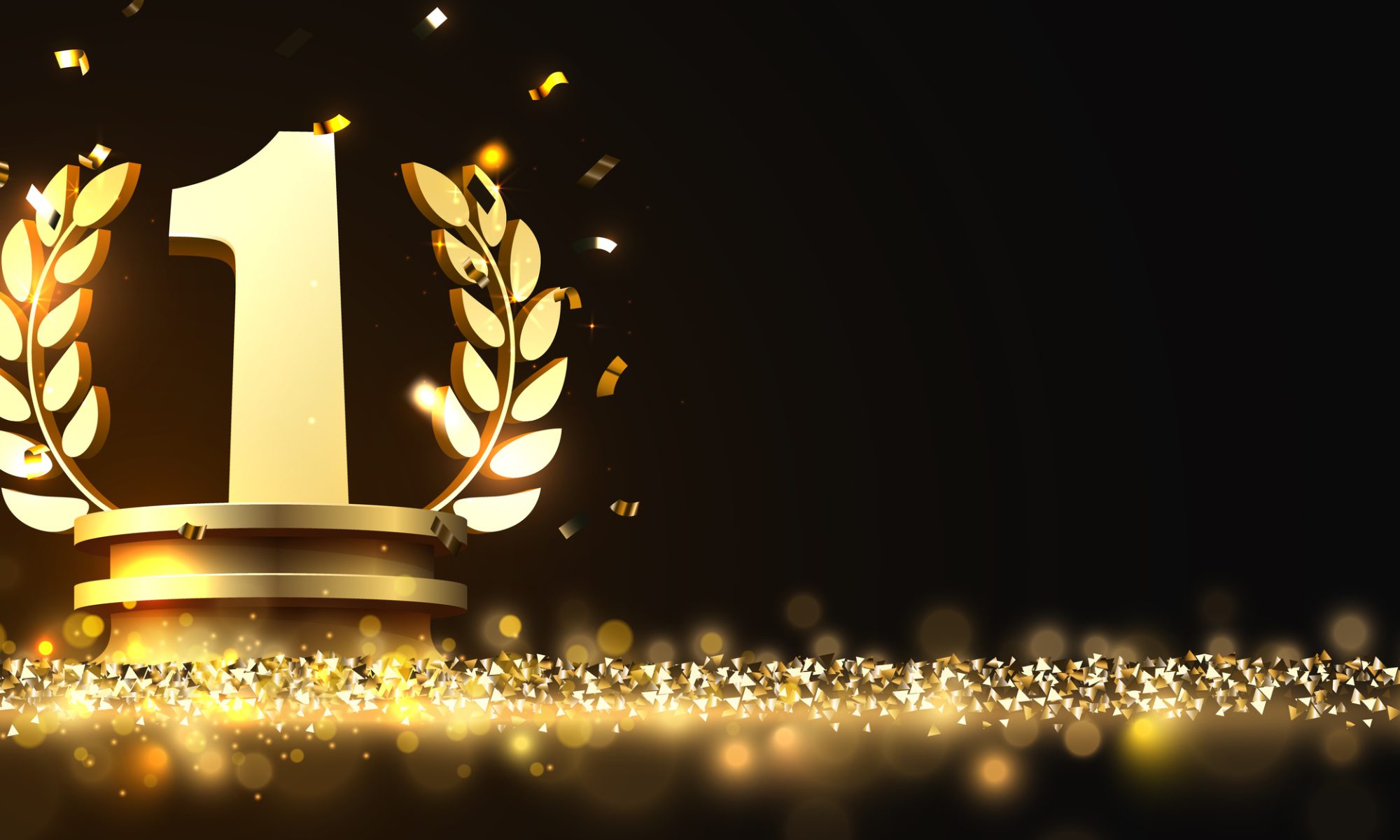 Gold number-one trophy with laurel leaves and confetti, representing Tenable’s top global market-share ranking in device vulnerability management.