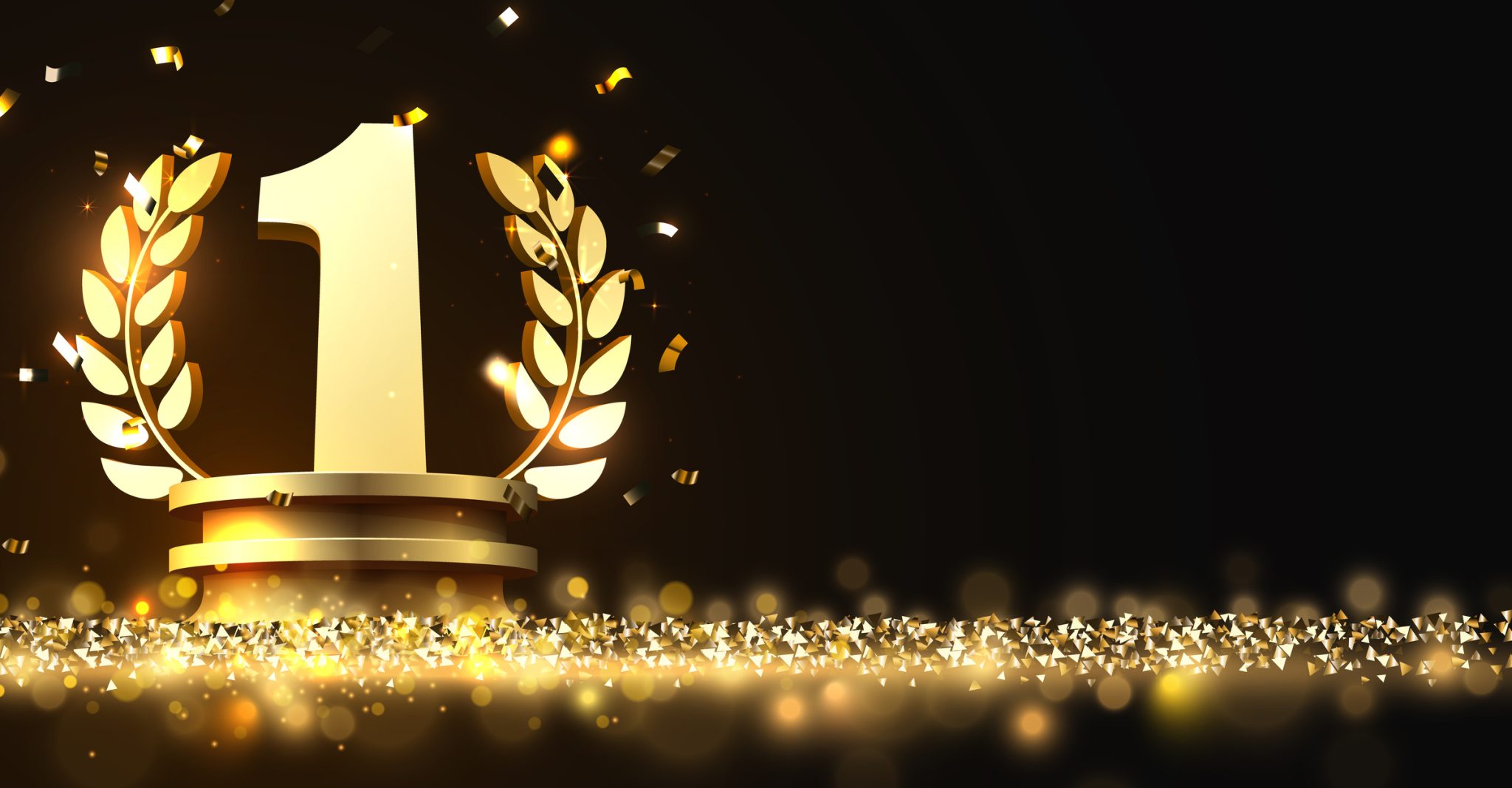 Gold number-one trophy with laurel leaves and confetti, representing Tenable’s top global market-share ranking in device vulnerability management.