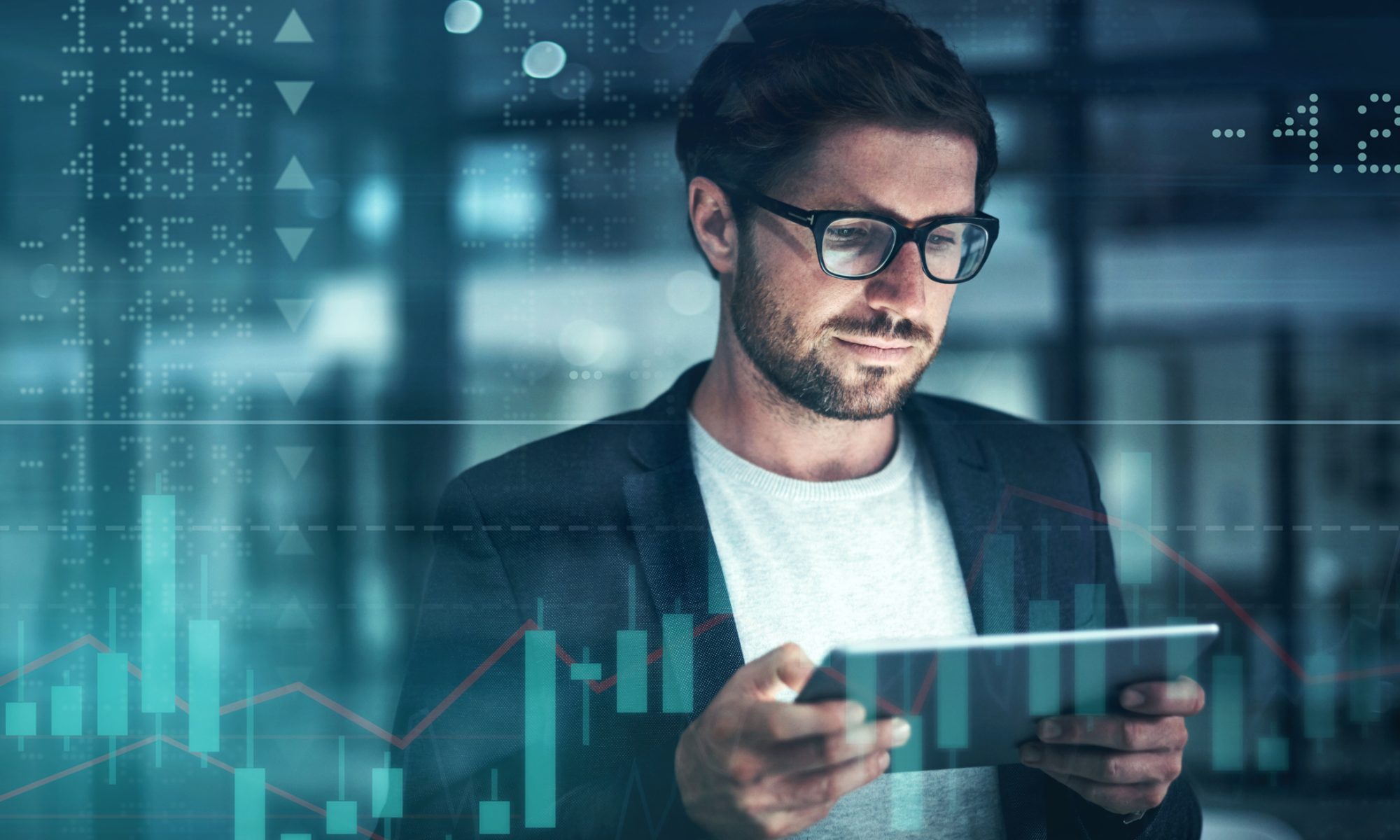 Investor reviewing market data on a tablet with stock charts in the background, representing active trading in crypto mining and cybersecurity stocks.
