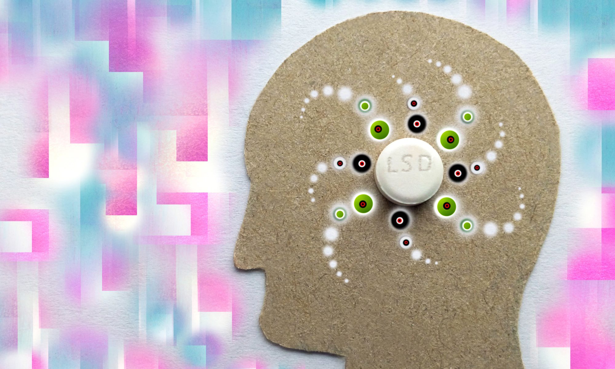 Conceptual image of a human head with a tablet and colorful patterns, representing psychedelic-based research into treatments for generalized anxiety disorder.