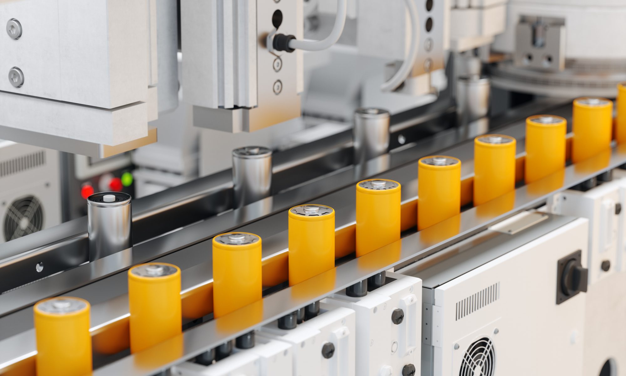 Automated battery manufacturing line producing cylindrical energy-storage cells, representing Eos Energy’s expanding U.S. battery production capacity.