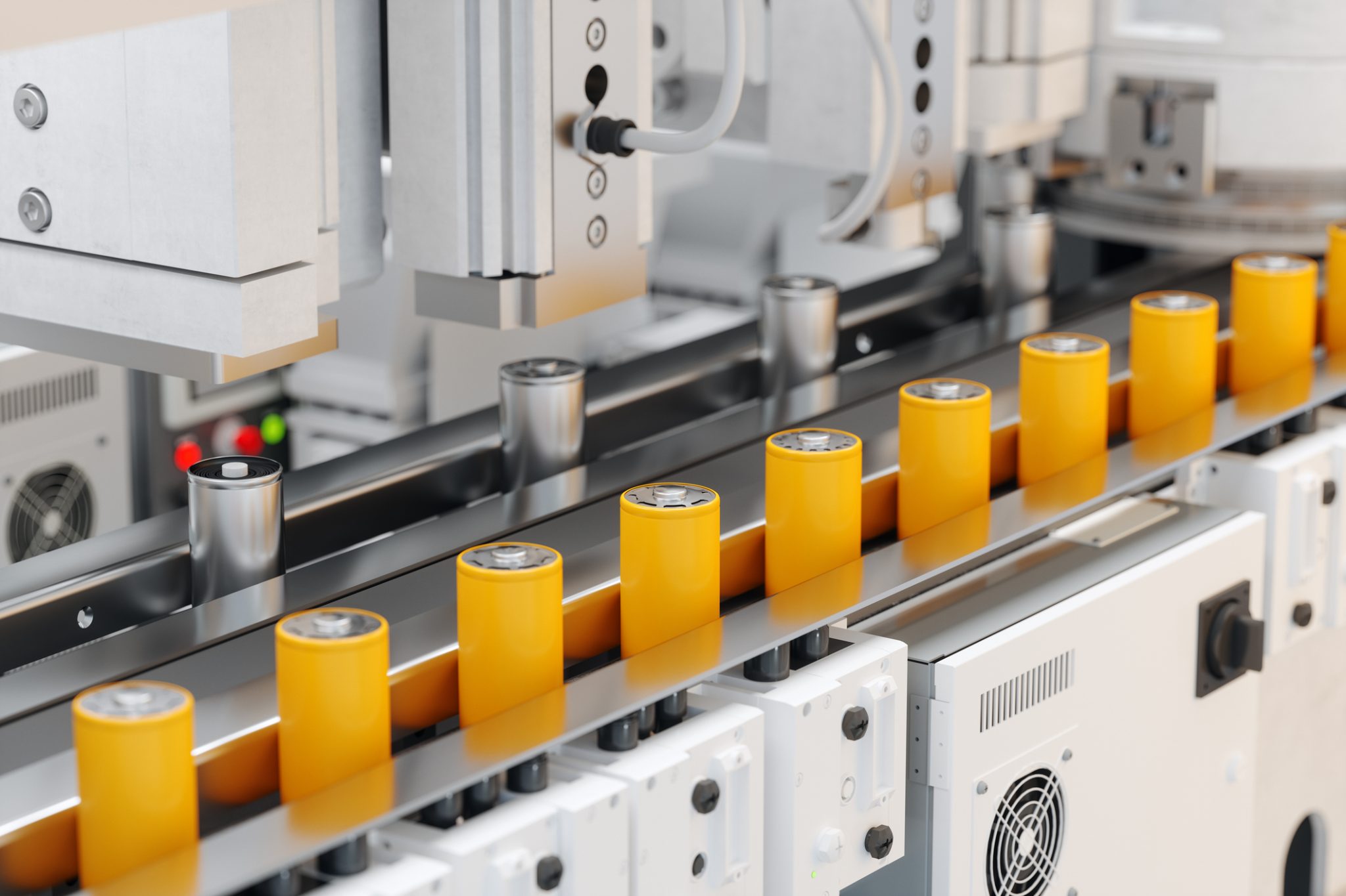 Automated battery manufacturing line producing cylindrical energy-storage cells, representing Eos Energy’s expanding U.S. battery production capacity.