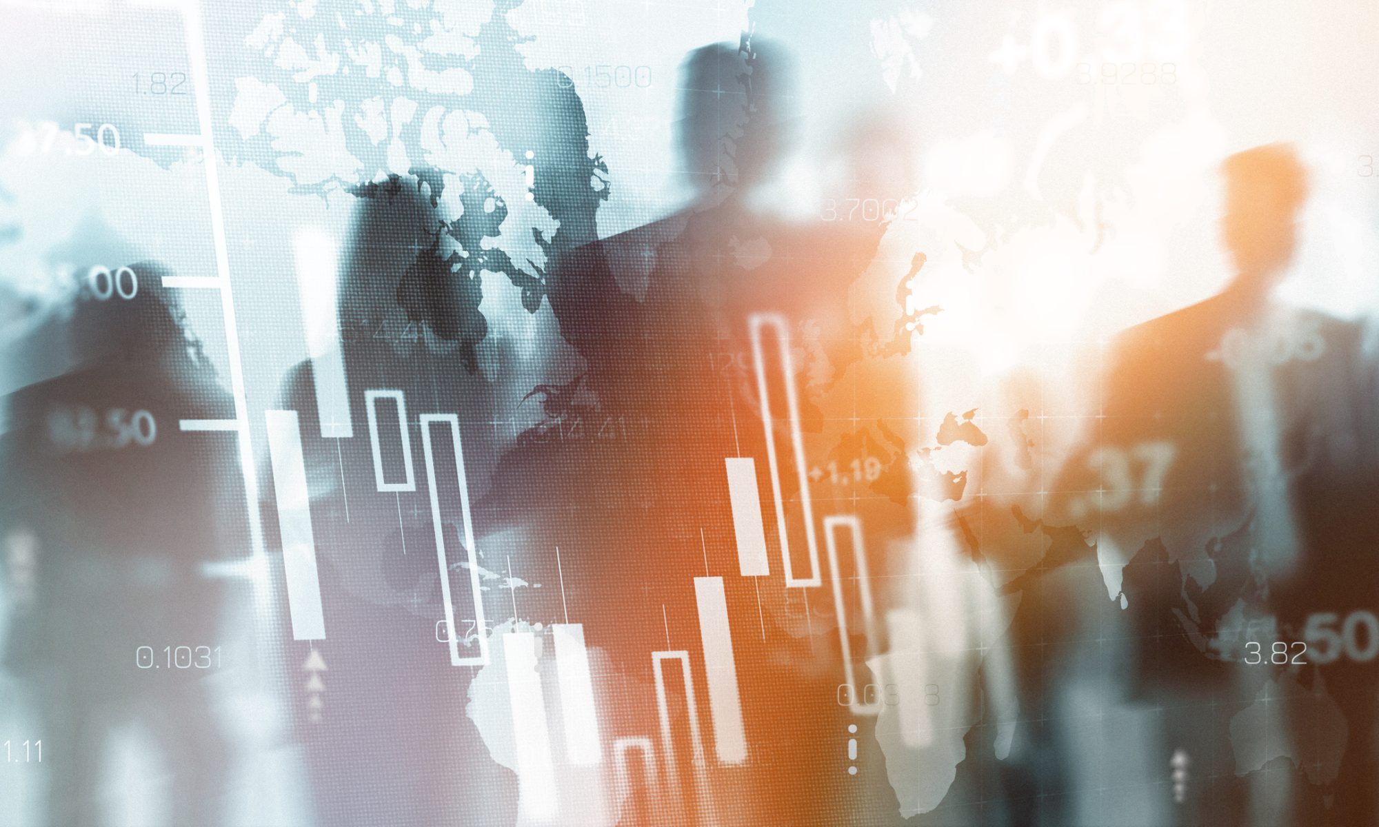 Financial market charts and global trading data displayed over business silhouettes, representing active stock-market movers across multiple sectors.