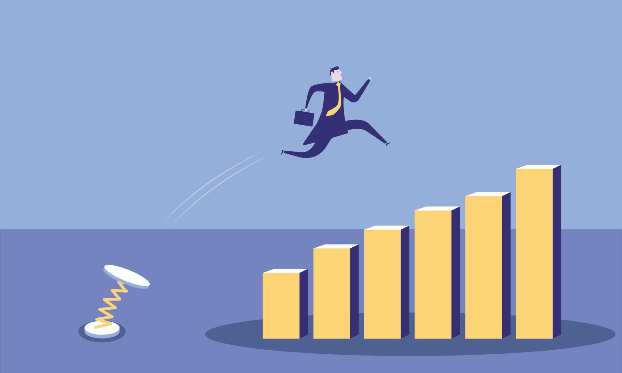 Illustration of a businessman jumping over rising bar-chart columns, symbolizing Generation Income Properties’ stock gains amid debt-reduction efforts.