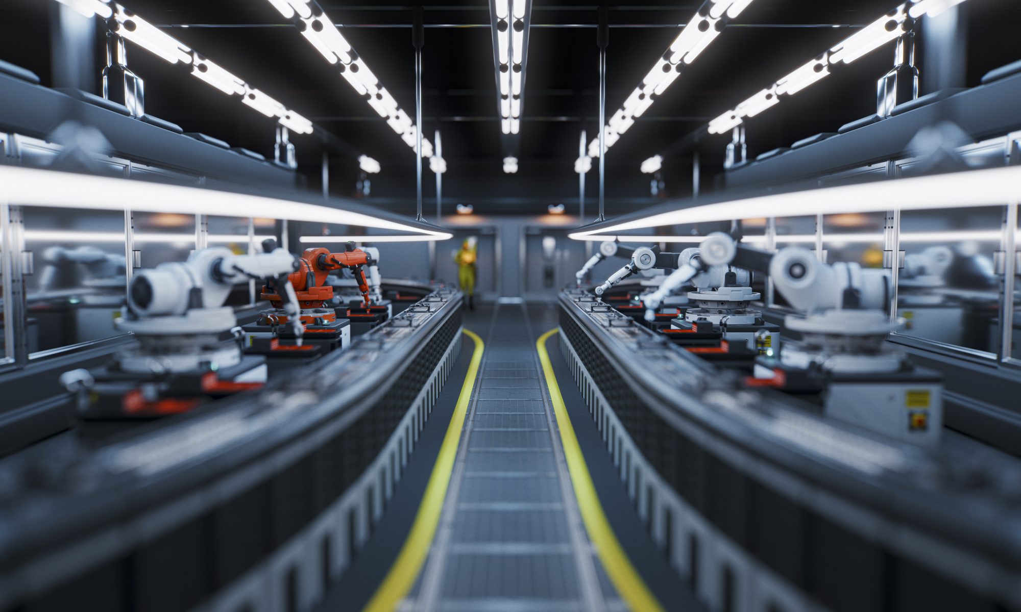 Automated manufacturing line with robotic arms, illustrating Protolabs’ growing robotics business and rapid manufacturing capabilities.