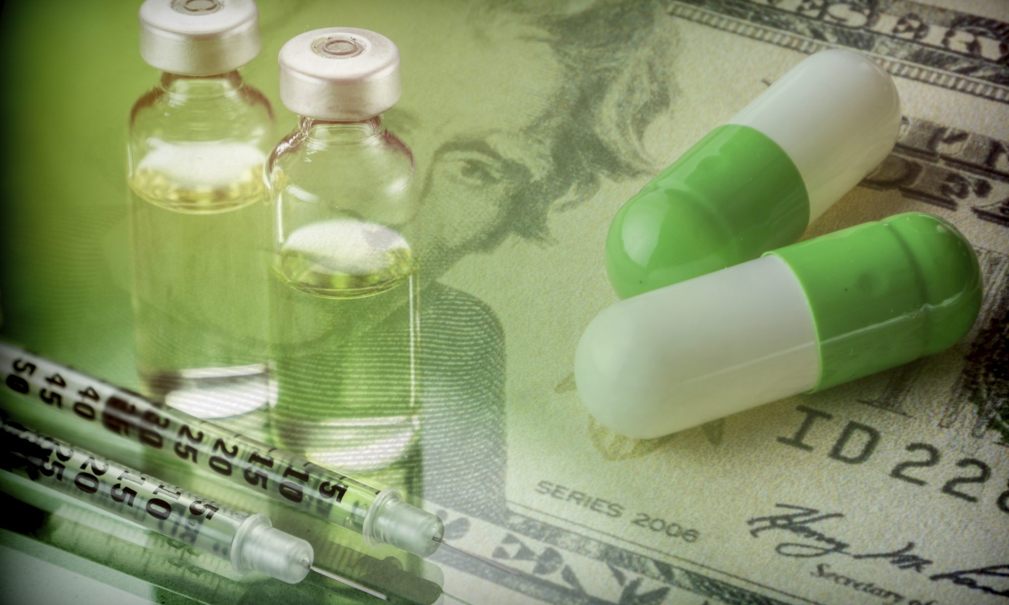 Medical vials, syringes and capsules displayed over U.S. currency, representing federal funding for Armata Pharmaceuticals’ AP-SA02 clinical program.
