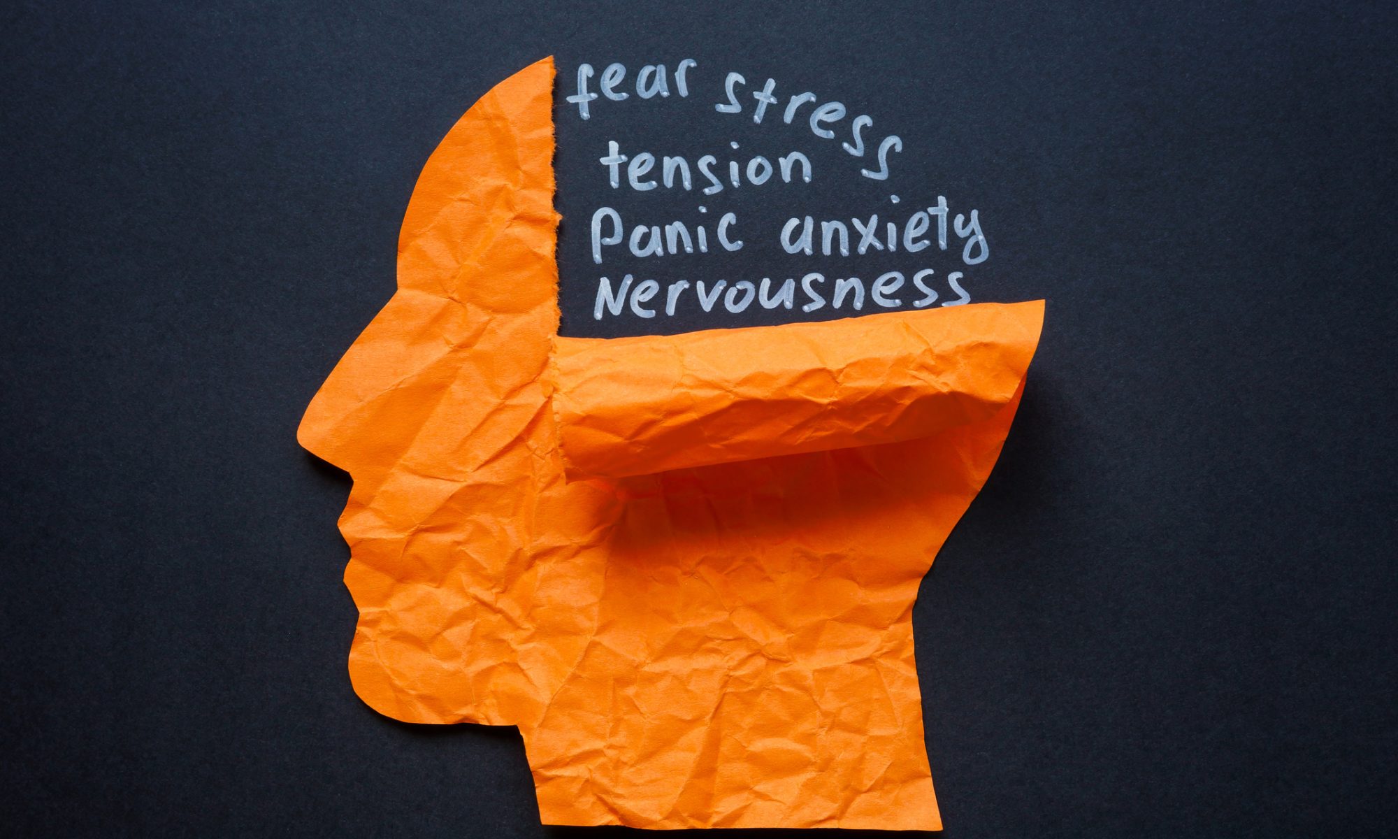 Orange paper silhouette of a person surrounded by words including fear, stress, panic, anxiety and nervousness, representing social anxiety disorder.