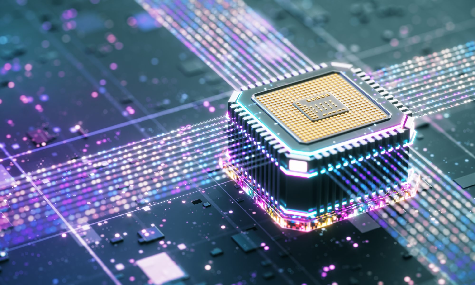 Close-up of a high-performance microchip with illuminated data pathways, representing AOI’s Quantum30 3.0GHz HFC network technology and next-generation broadband infrastructure.