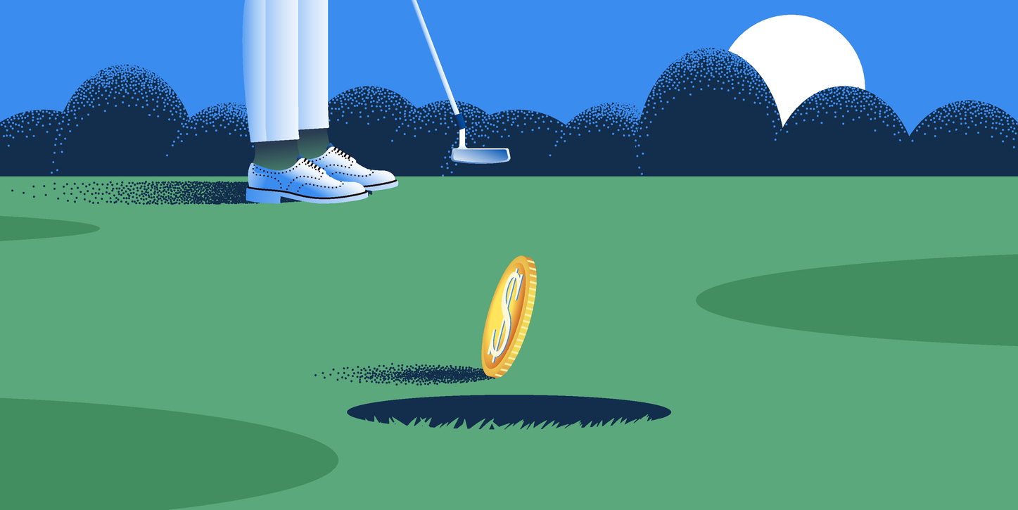 Illustration of a golfer putting toward a hole as a gold coin approaches the cup, representing Newton Golf’s move to gain exposure to a Nevada critical-minerals project.