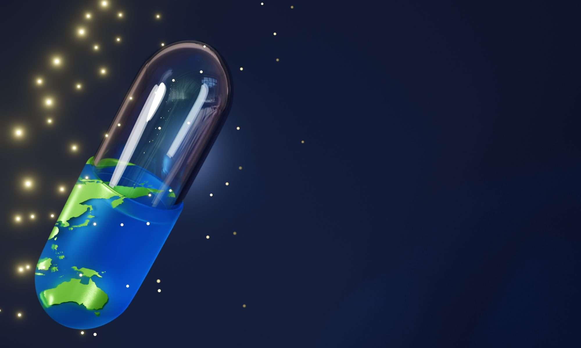 Futuristic capsule containing an image of Earth against a dark space background, representing pharmaceutical research and drug discovery conducted in microgravity.