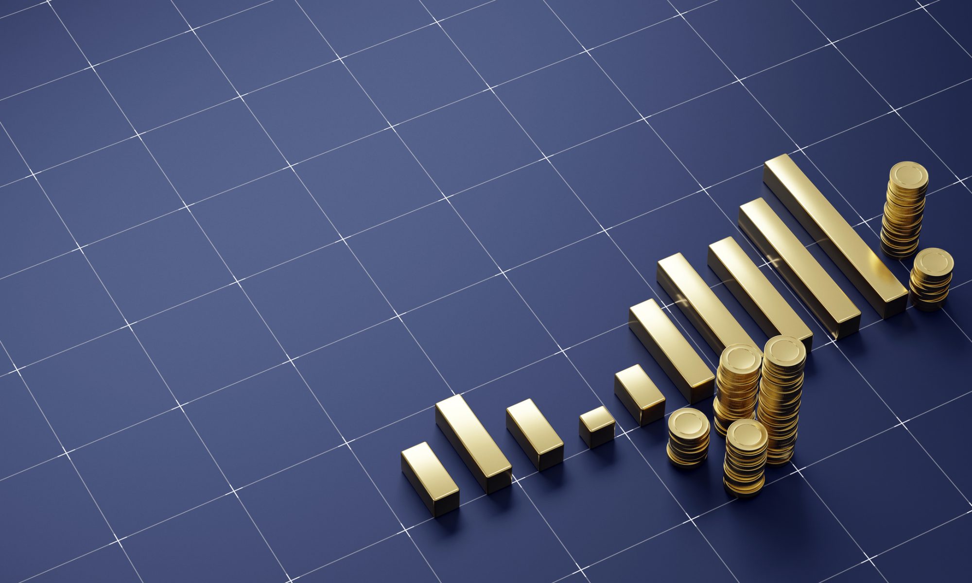 Gold bars and stacks of coins arranged in a rising financial chart, representing Vivos Therapeutics’ cost-reduction and revenue-growth initiatives.