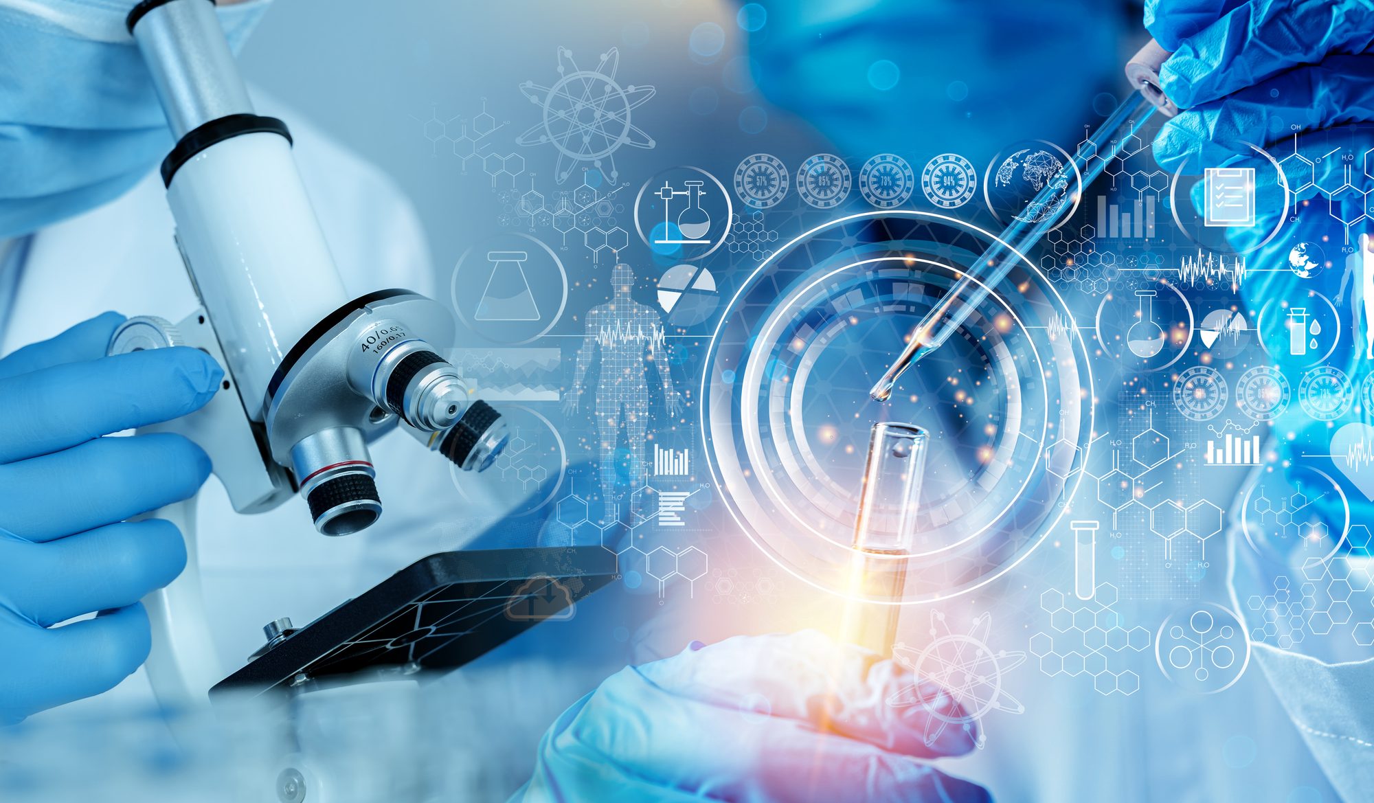 Scientists working with a microscope and laboratory samples, representing pharmaceutical research and clinical drug development.
