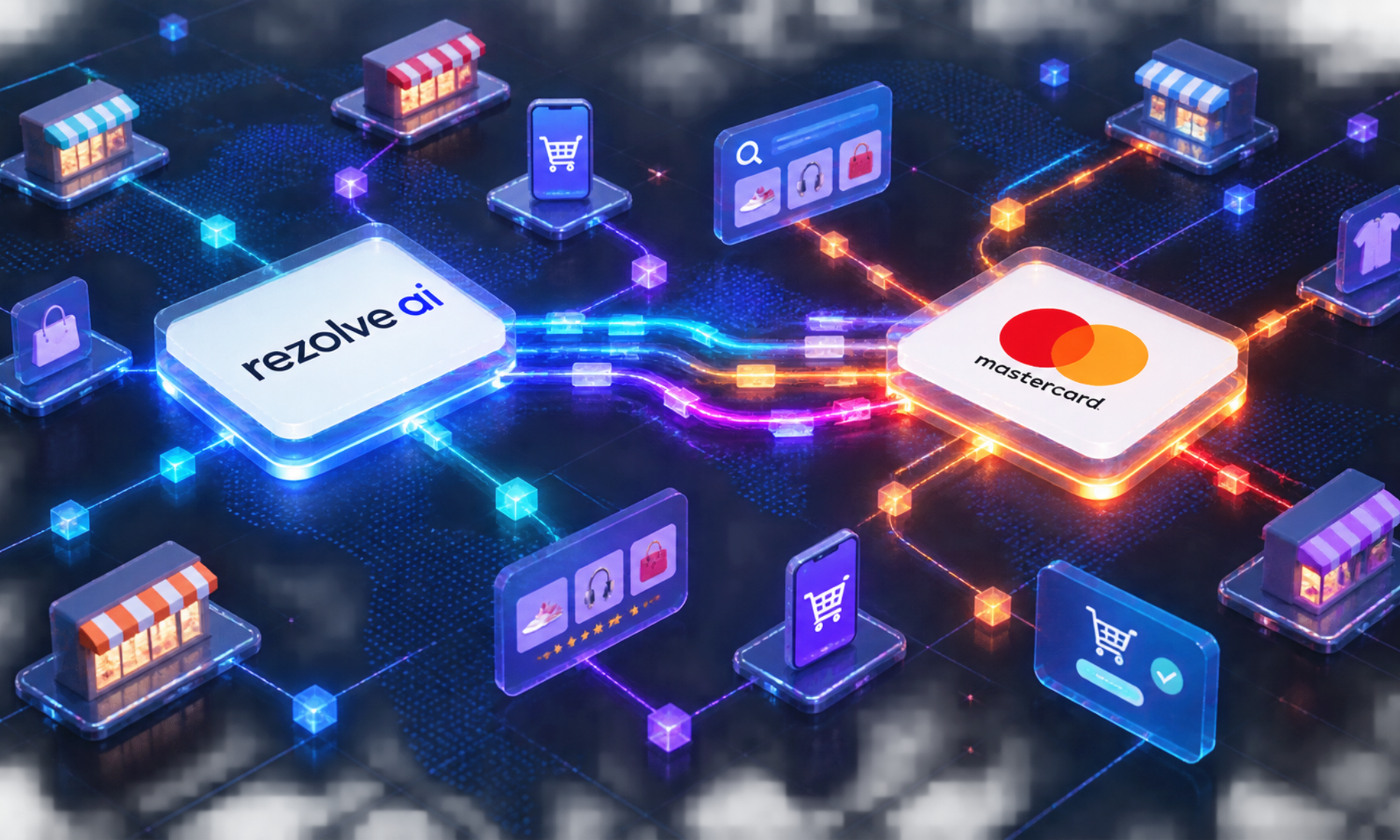 Rezolve AI and Mastercard logos connected across a digital commerce network featuring online stores, shopping carts and e-commerce interfaces.