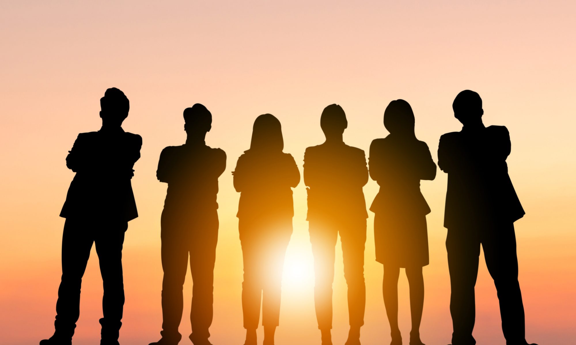 Silhouettes of six business leaders standing against a bright sunset, representing a new corporate leadership team.