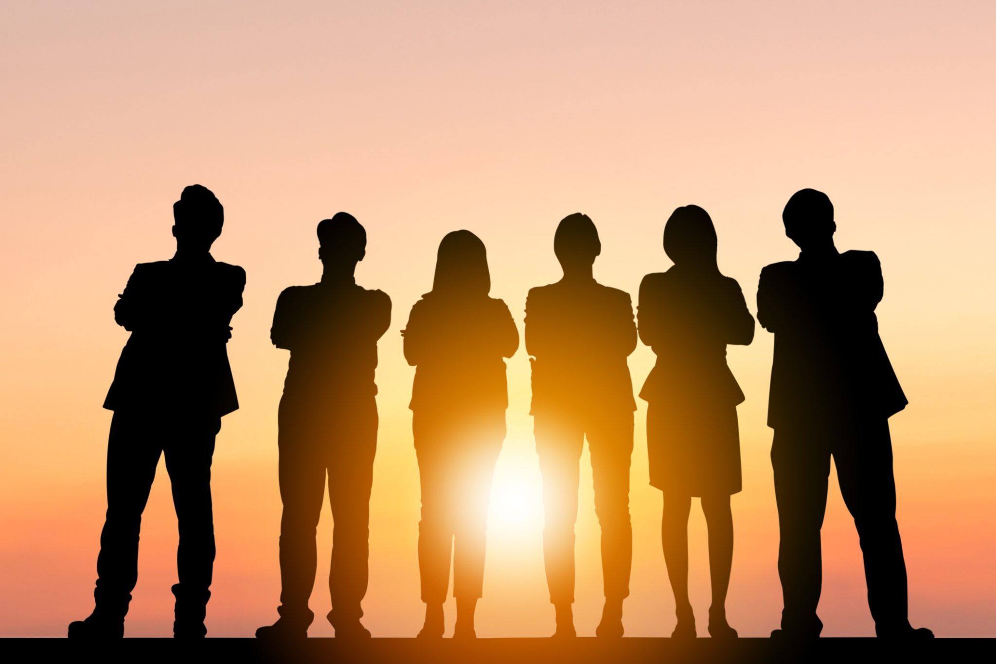 Silhouettes of six business leaders standing against a bright sunset, representing a new corporate leadership team.